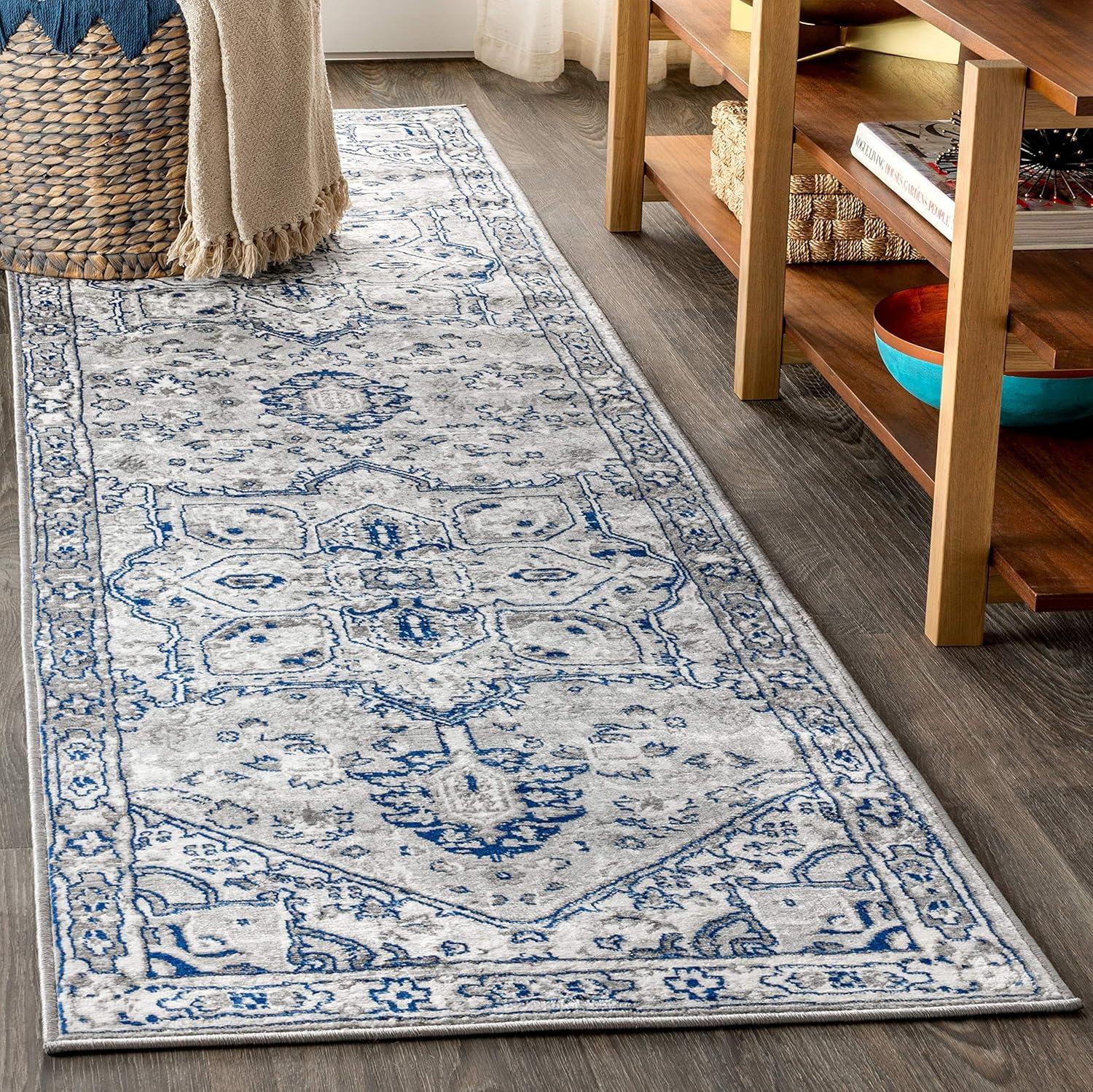 2'x8' Modern Persian Vintage Medallion Runner Rug, Light Grey/Navy - JONATHAN Y
