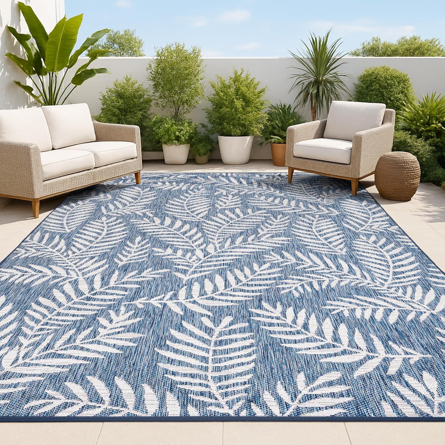 4'x6' Nevis Palm Frond Indoor/Outdoor Area Rug, Navy/Ivory - JONATHAN Y