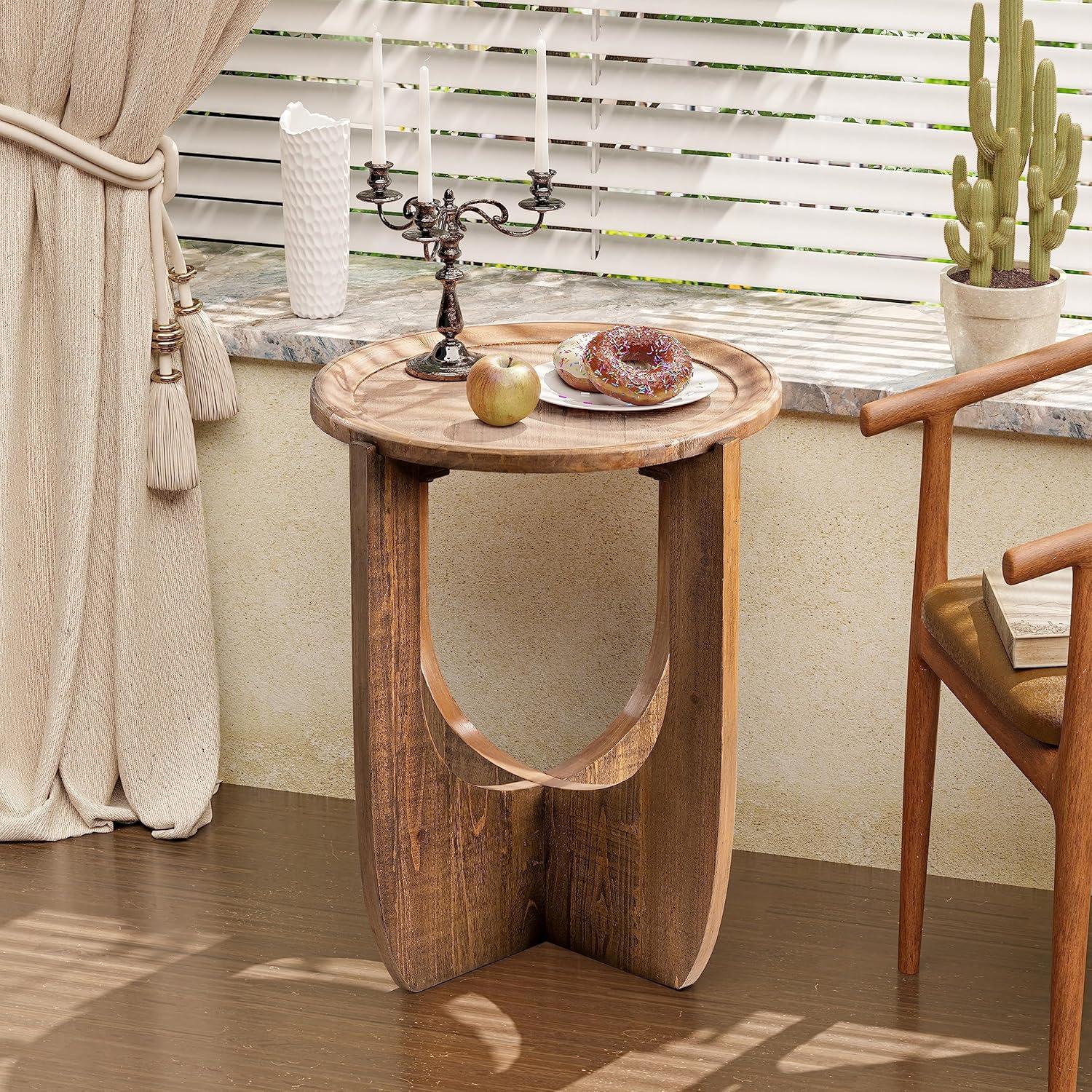 Rustic Brown Round Wood End Table with Open Base