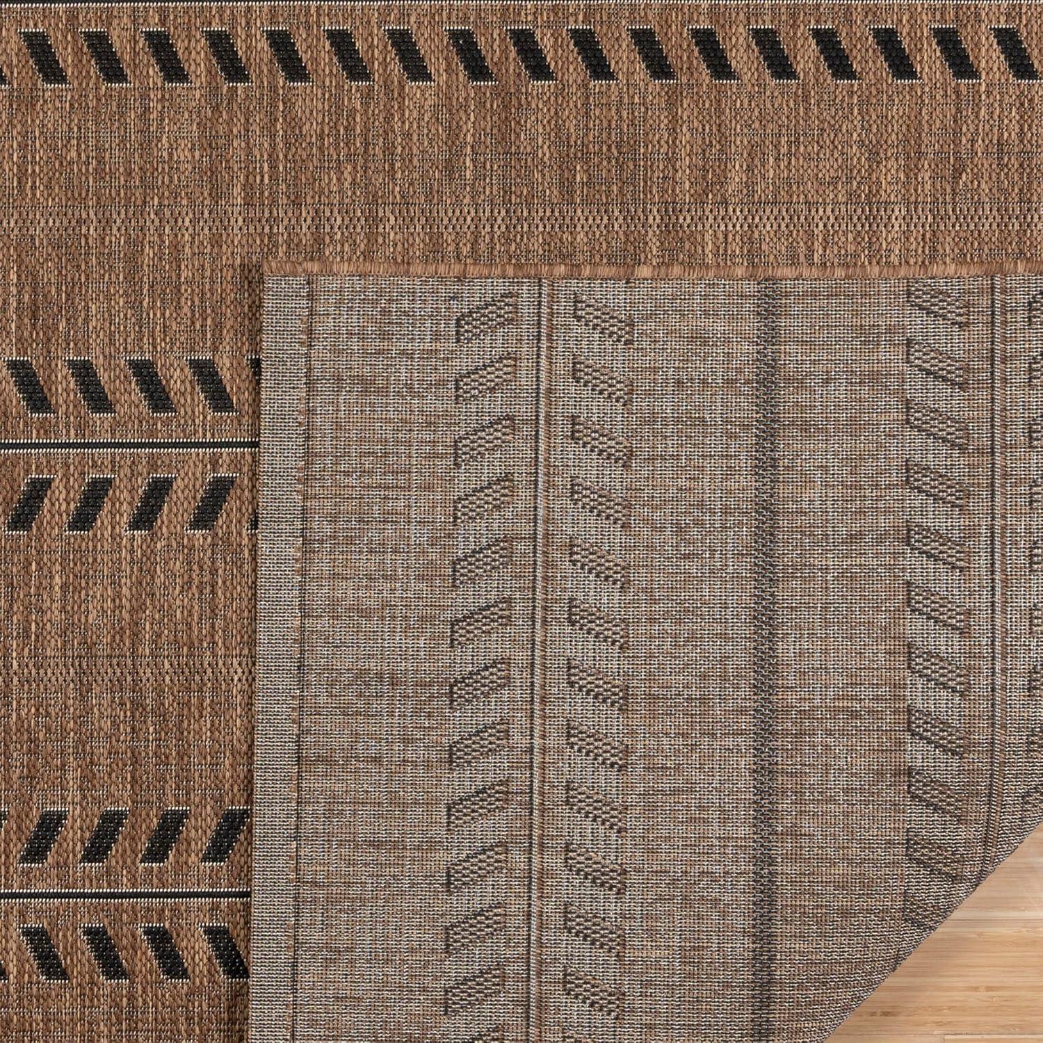 Paseo Moran Leaf Casual Coastal Striped Havana Brown Black Polypropylene Flatweave Indoor Outdoor Area Rug