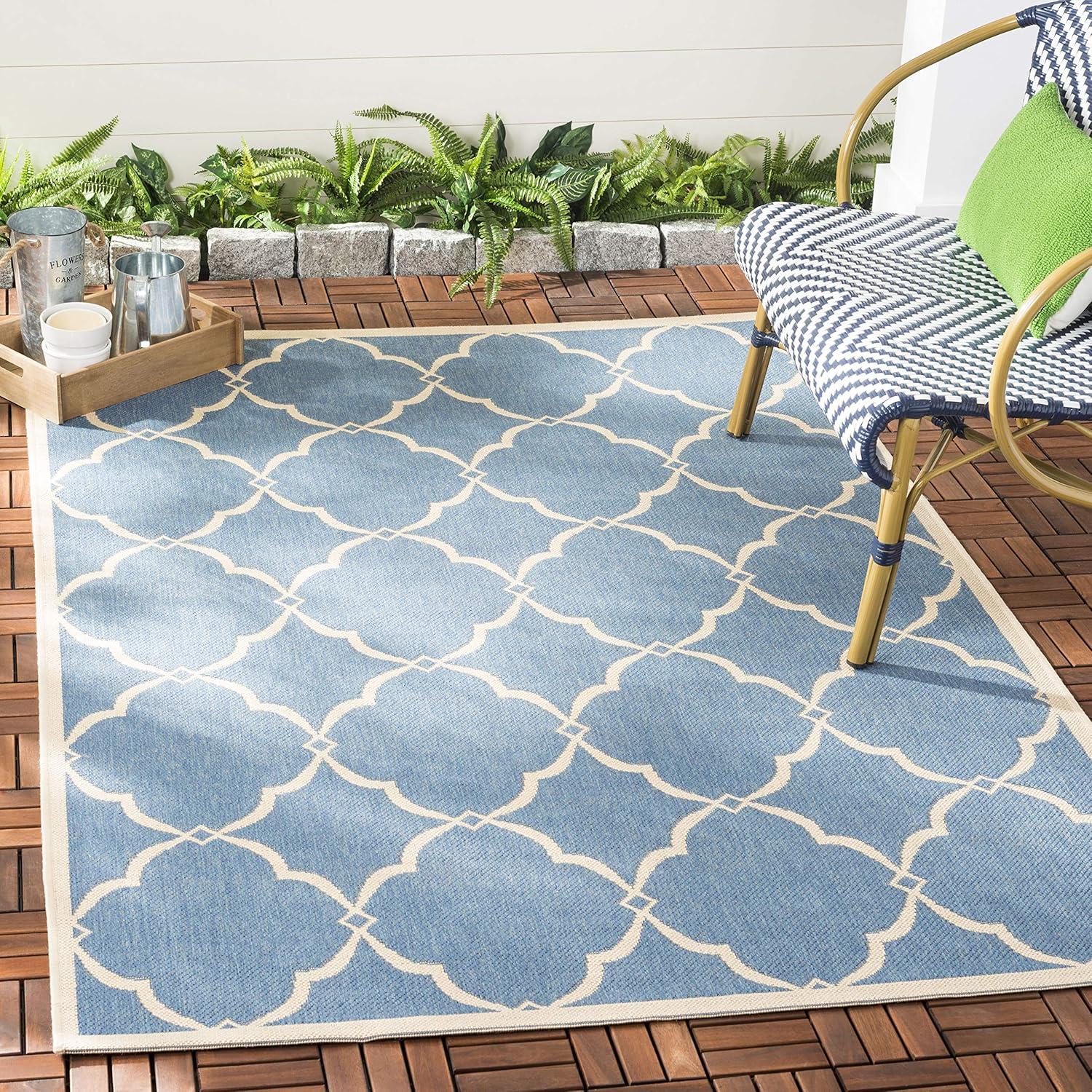 Blue and Cream Geometric Square Indoor/Outdoor Rug