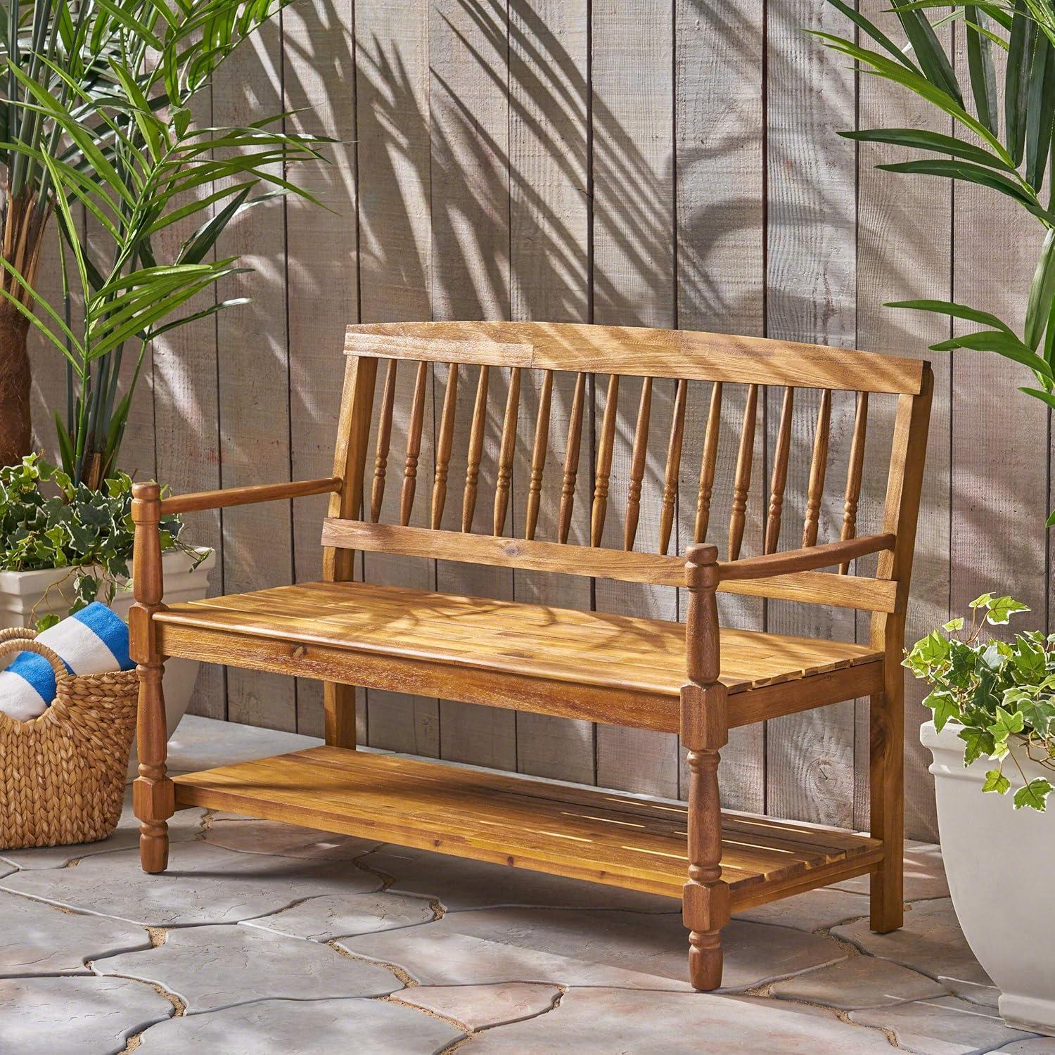 GDF Studio Kuhn Indoor/Outdoor Acacia Wood Bench with Shelf, Teak