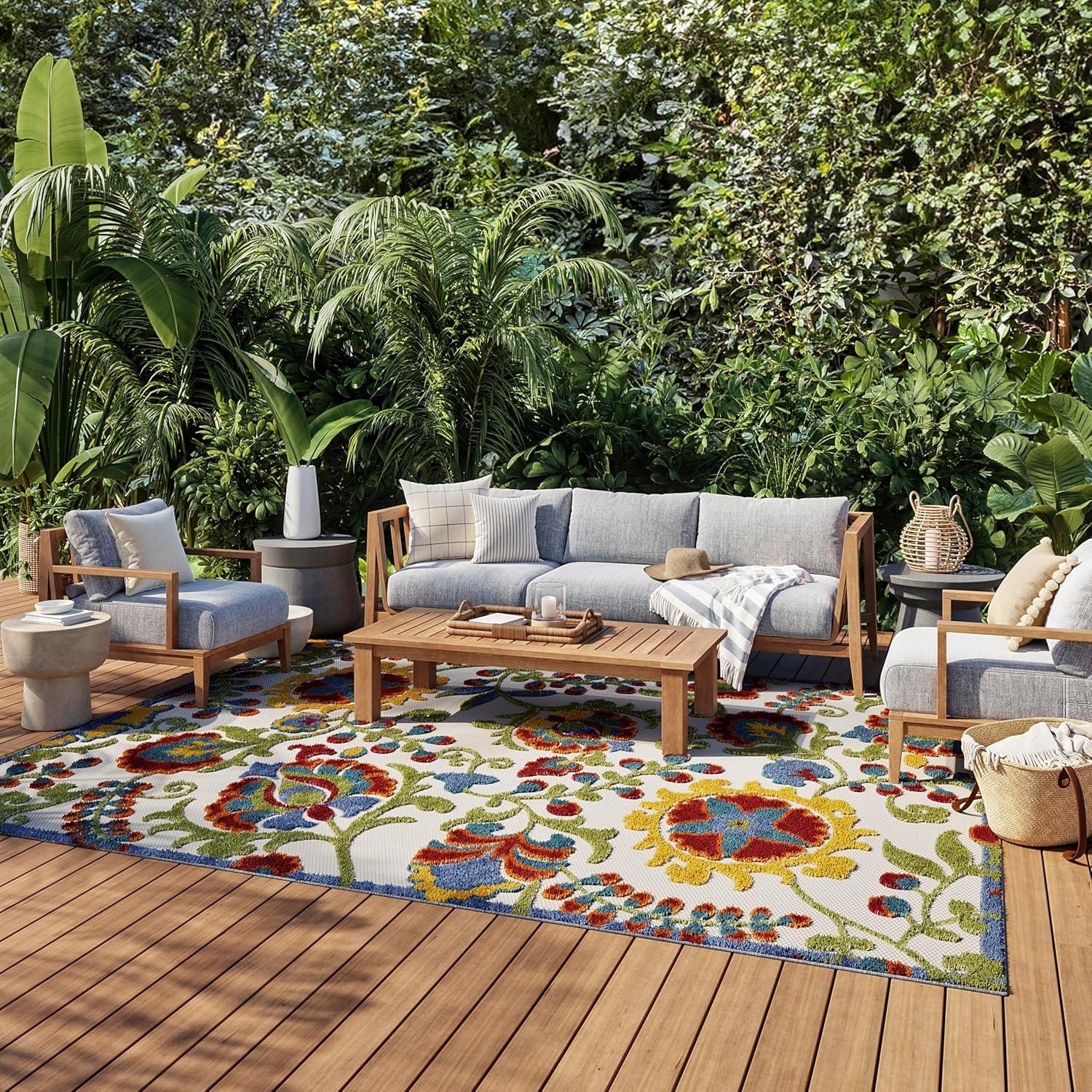 Nourison Aloha Floral Textured Flatweave High-Low Indoor Outdoor Area Rug Ivory/Multi 12' x 15'