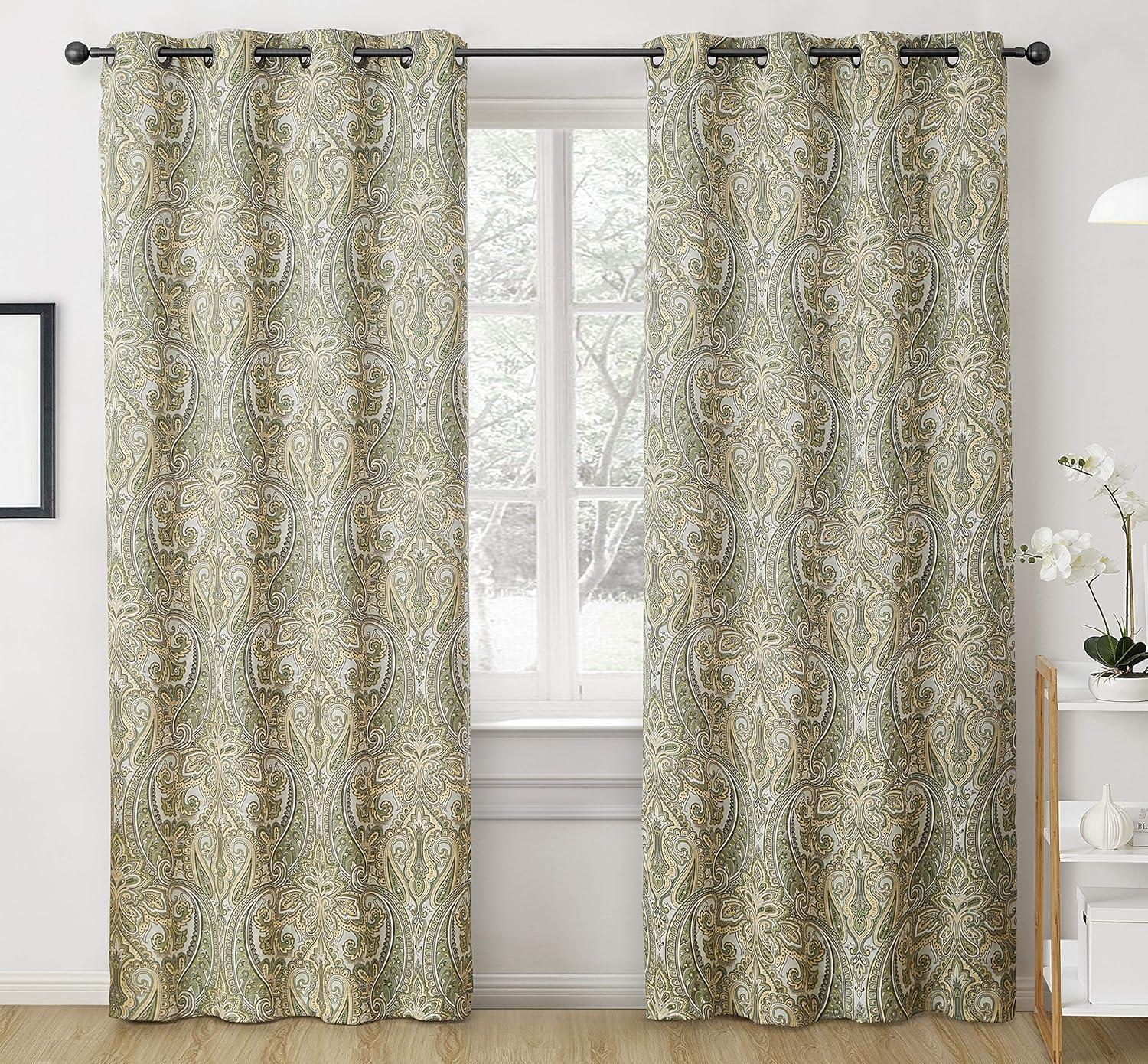 Sage Green Paisley Damask Thermal Insulated Curtain Panels