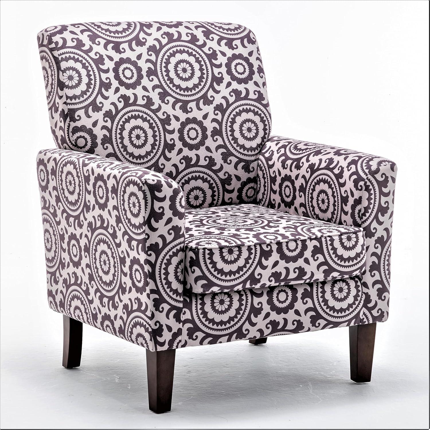 Contemporary Accent Arm Chair with Birch Wood Frame and Velvet Upholstery, Armchair for Office and Living Room Decor, Removable Cushions, 01 Printed Fabric