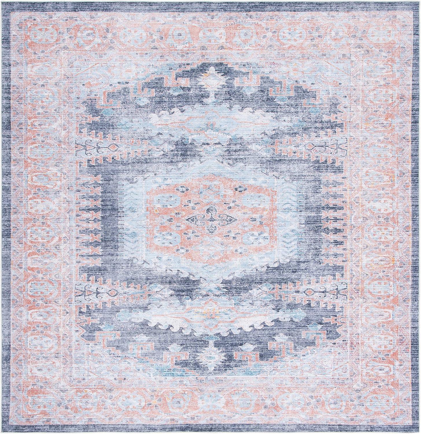 Serapi Blue and Terracotta Square Washable Area Rug