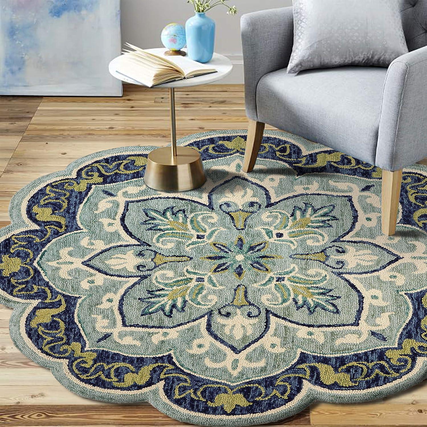 Handmade Round Blue Floral Tufted Wool Area Rug, 48" Diameter