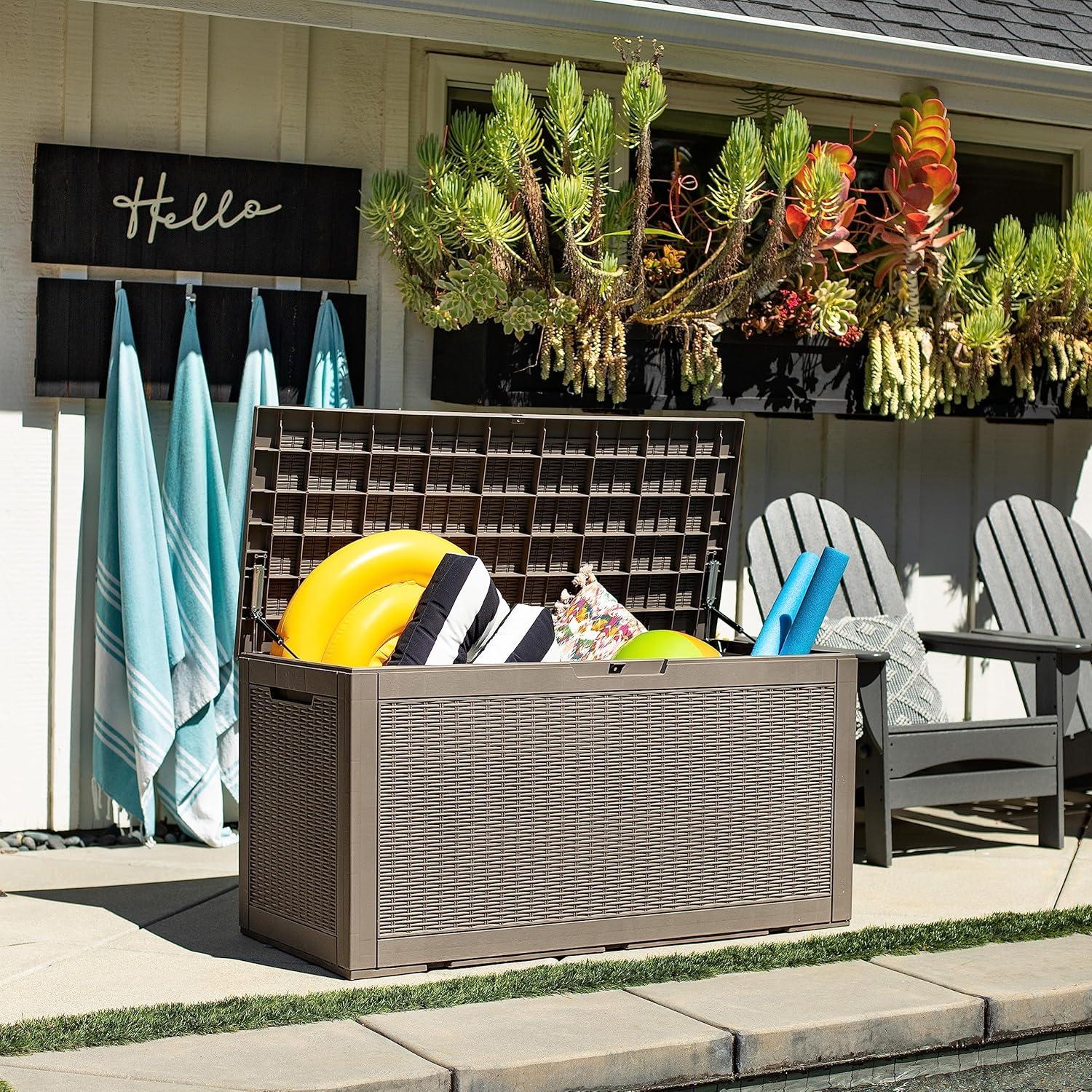 Sunnydaze Outdoor Deck and Patio Storage Box with Rattan Design - 100 Gal. - Driftwood