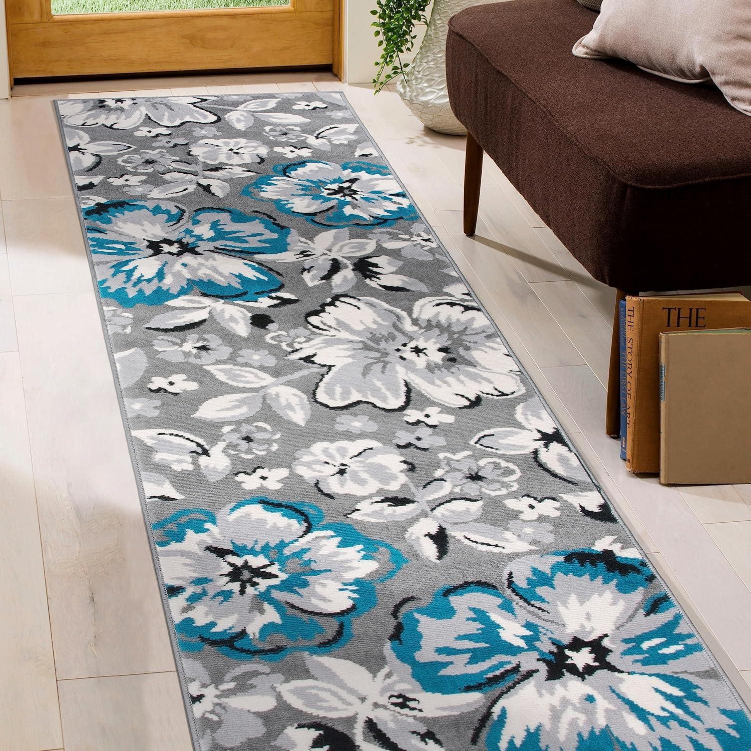World Rug Gallery Modern Floral Design Blue 2' x 10' Runner Rug