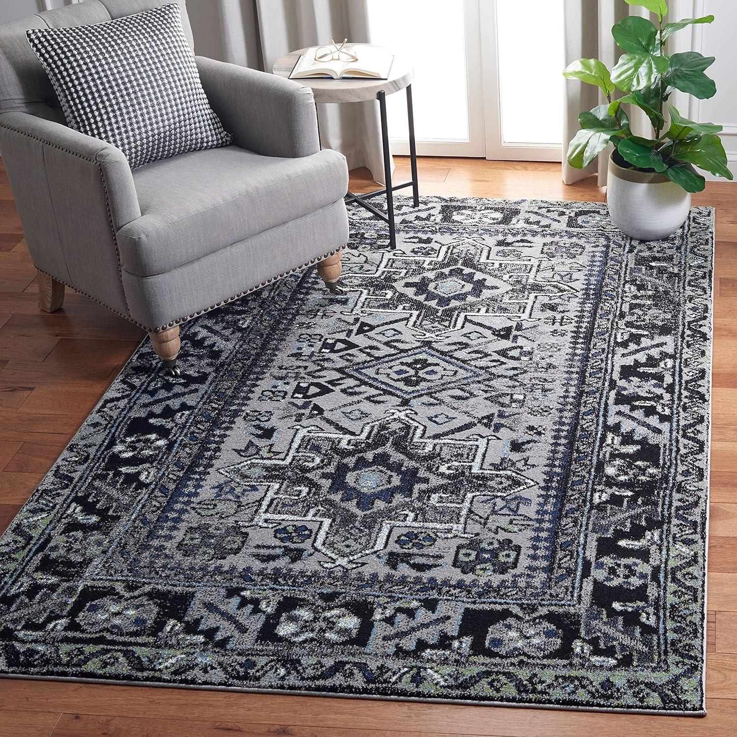 Elysian Blue & Grey Geometric Synthetic Area Rug - 6'7" x 9'