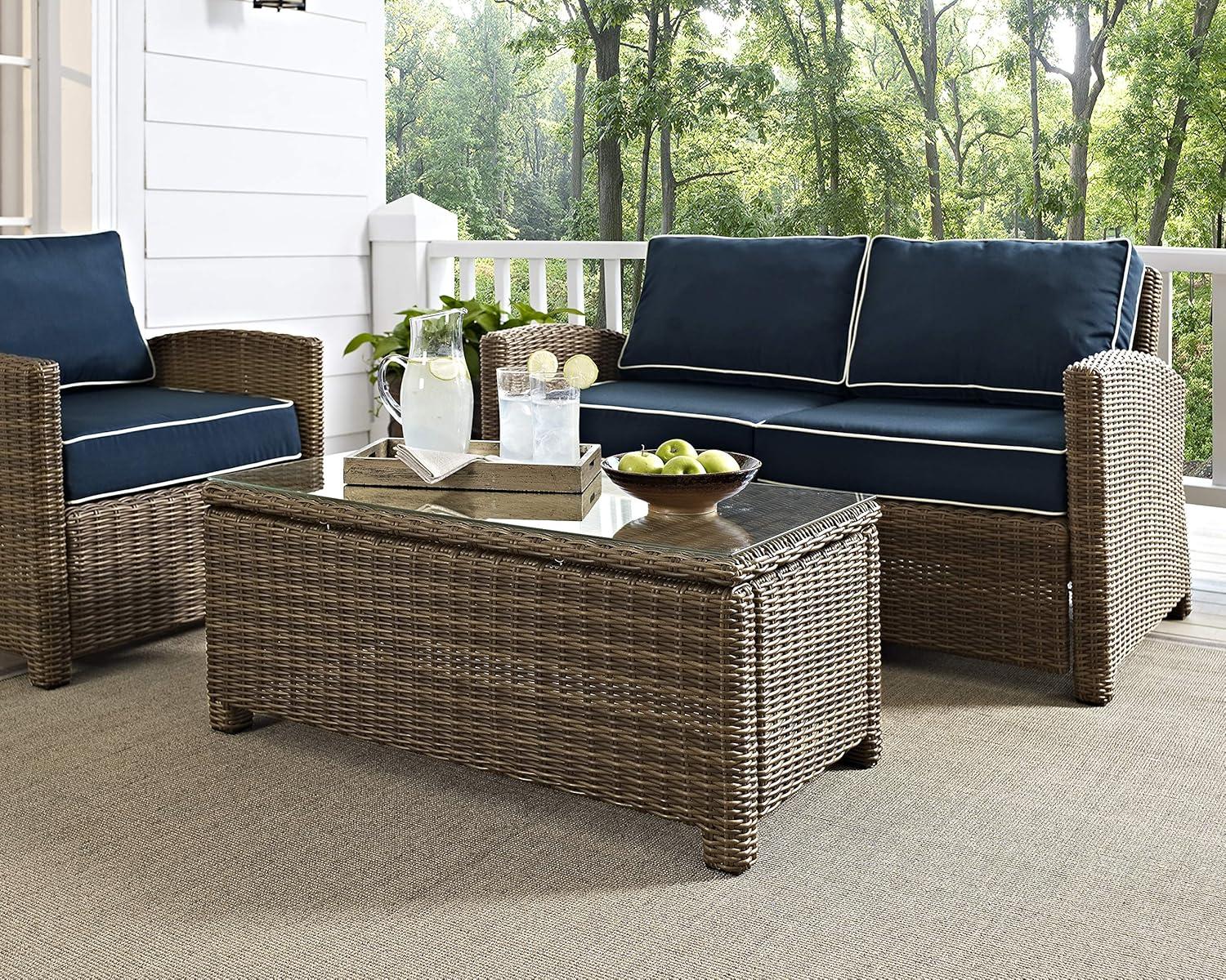 Bradenton Outdoor Wicker Coffee Table: Weathered Brown, Tempered Glass Top, UV-Resistant - Crosley