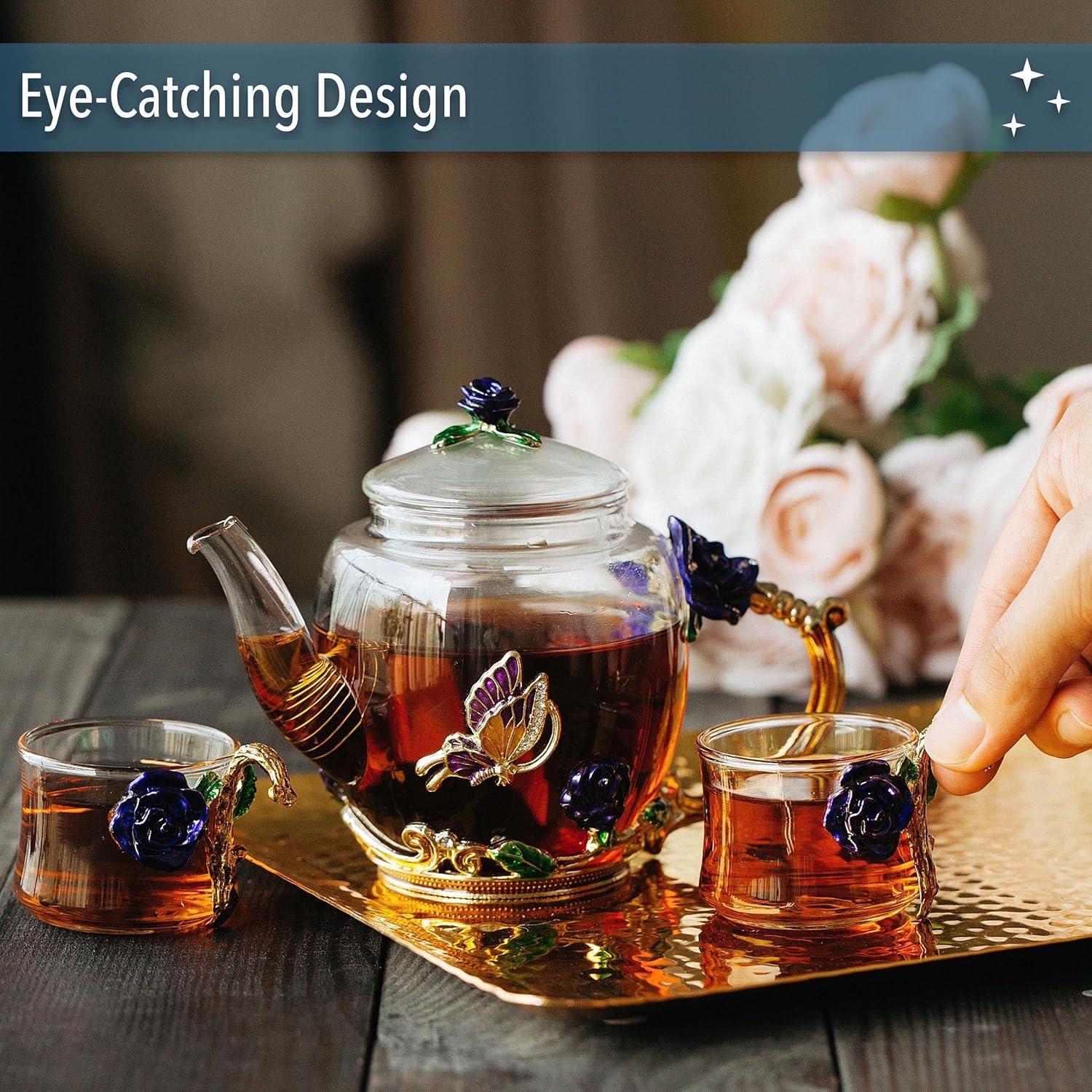 Elegant Floral Glass Tea Set with Butterfly and Rose Details