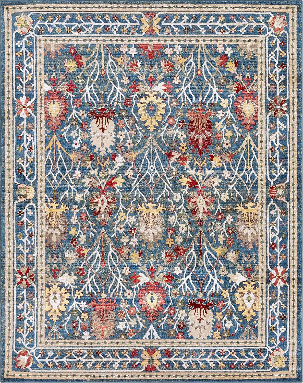 BoutiqueRugs Branford Traditional Floral Bordered Area Rug - Oriental Damask Patterned Carpet for Living Room, Bedroom, Dining Room - Navy, Blue, Green, Red, White - 5'1" x 7'5" (5x7 Area Rug)