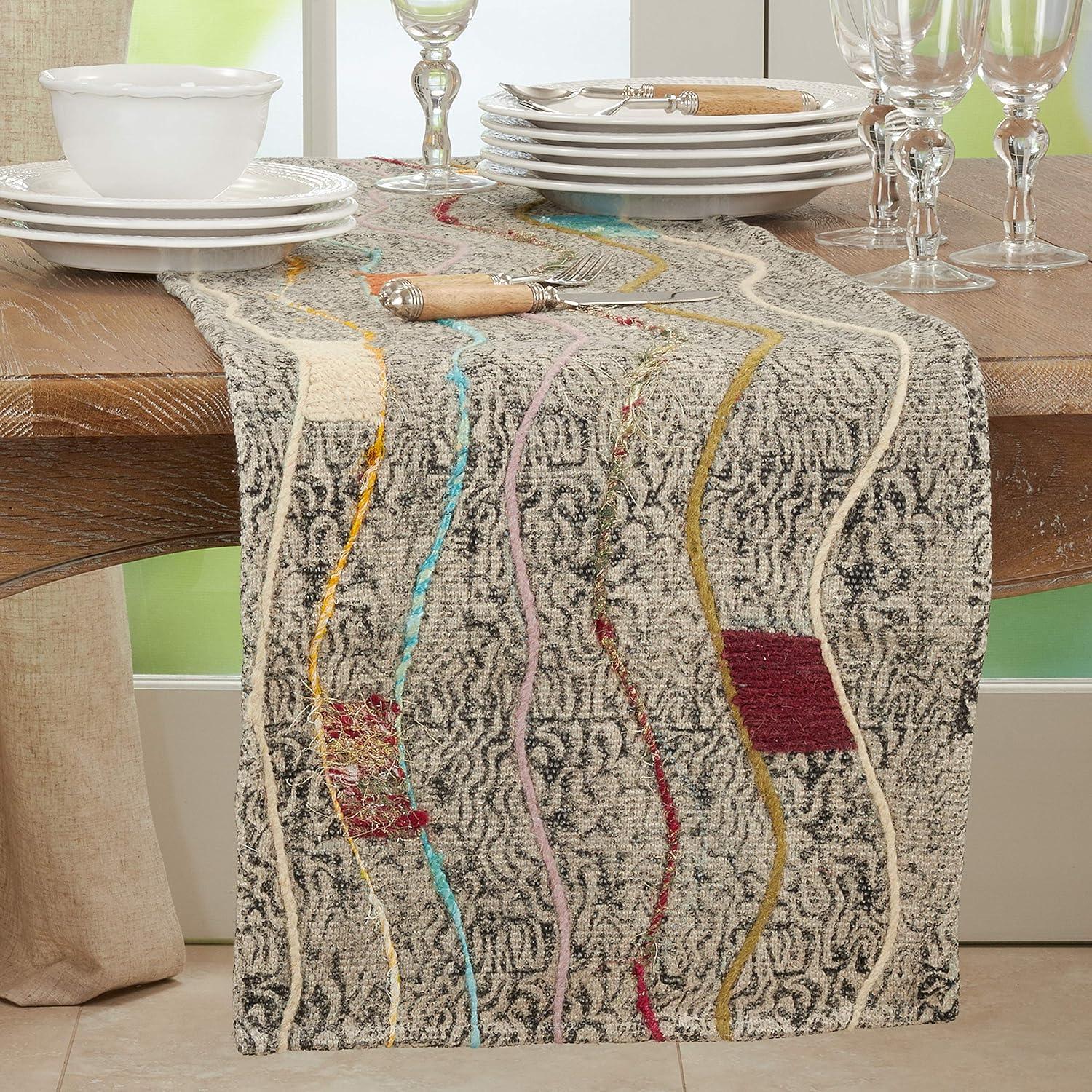 Gray Abstract Embroidered Cotton Table Runner, 16" x 72"