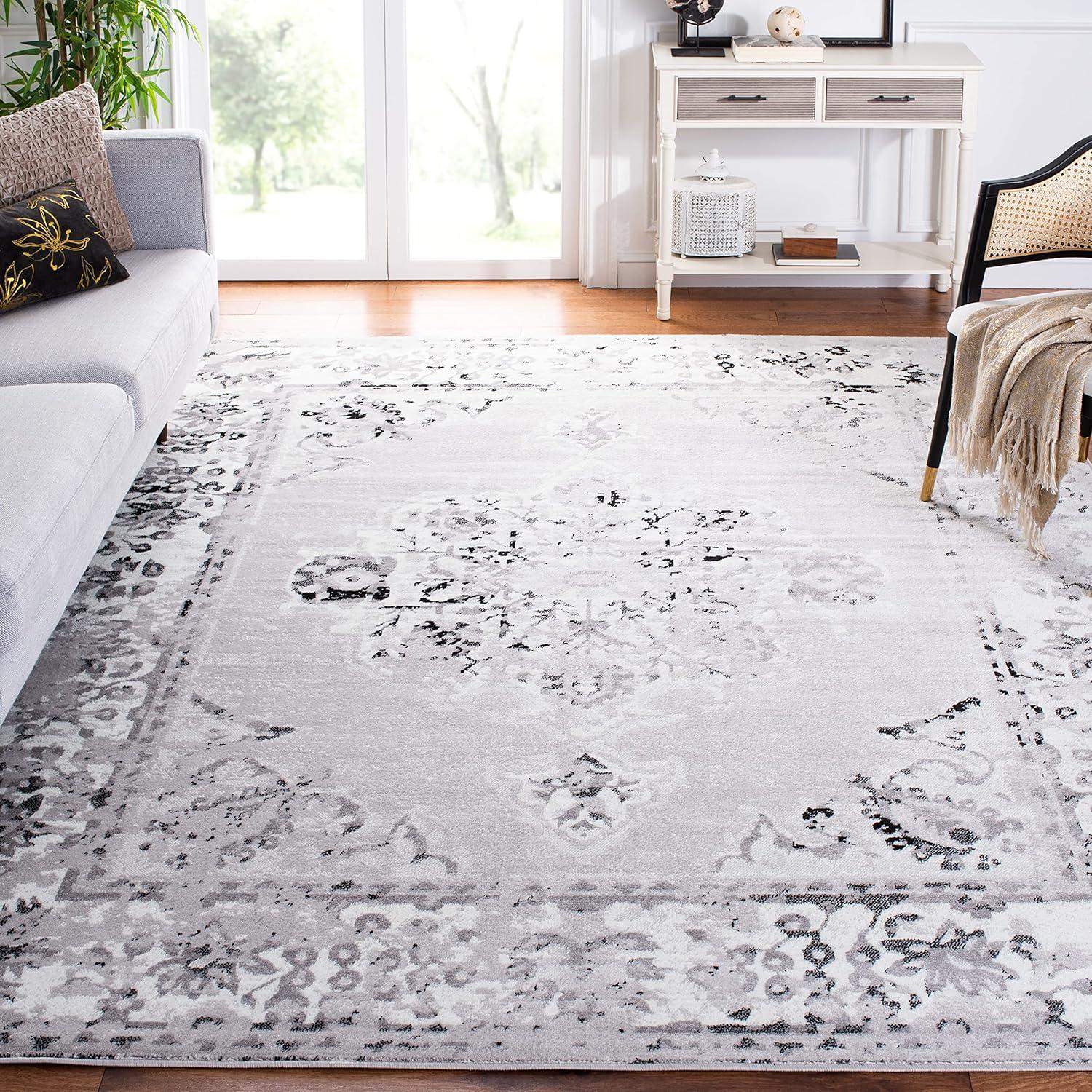 Silver Floral Reversible Rectangular 9' x 12' Area Rug