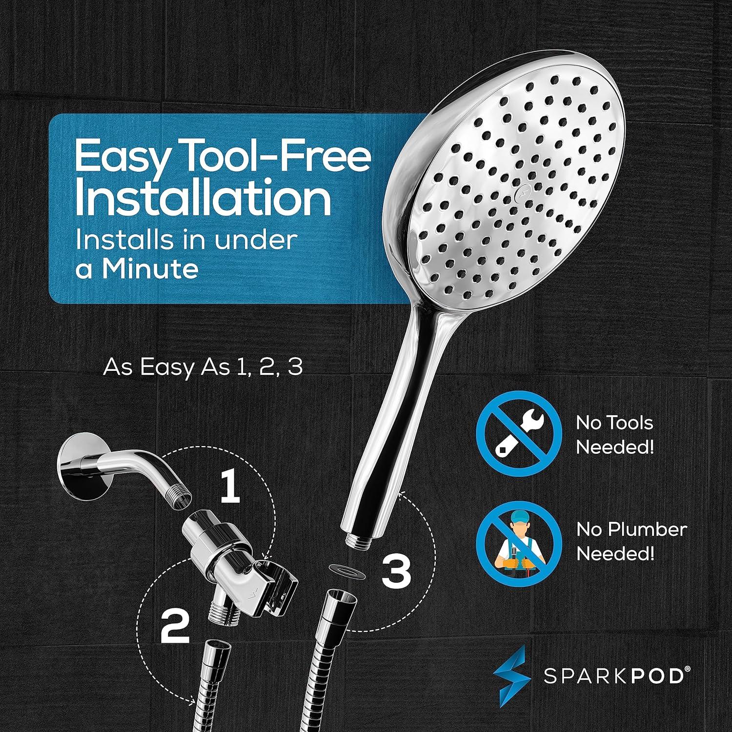 Sparkpod High-Pressure Shower Head with a 6ft. Handheld Shower Hose, 6” Rain Shower Head with Adjustable Bracket, Rustproof Showerheads for Bathroom, Chrome