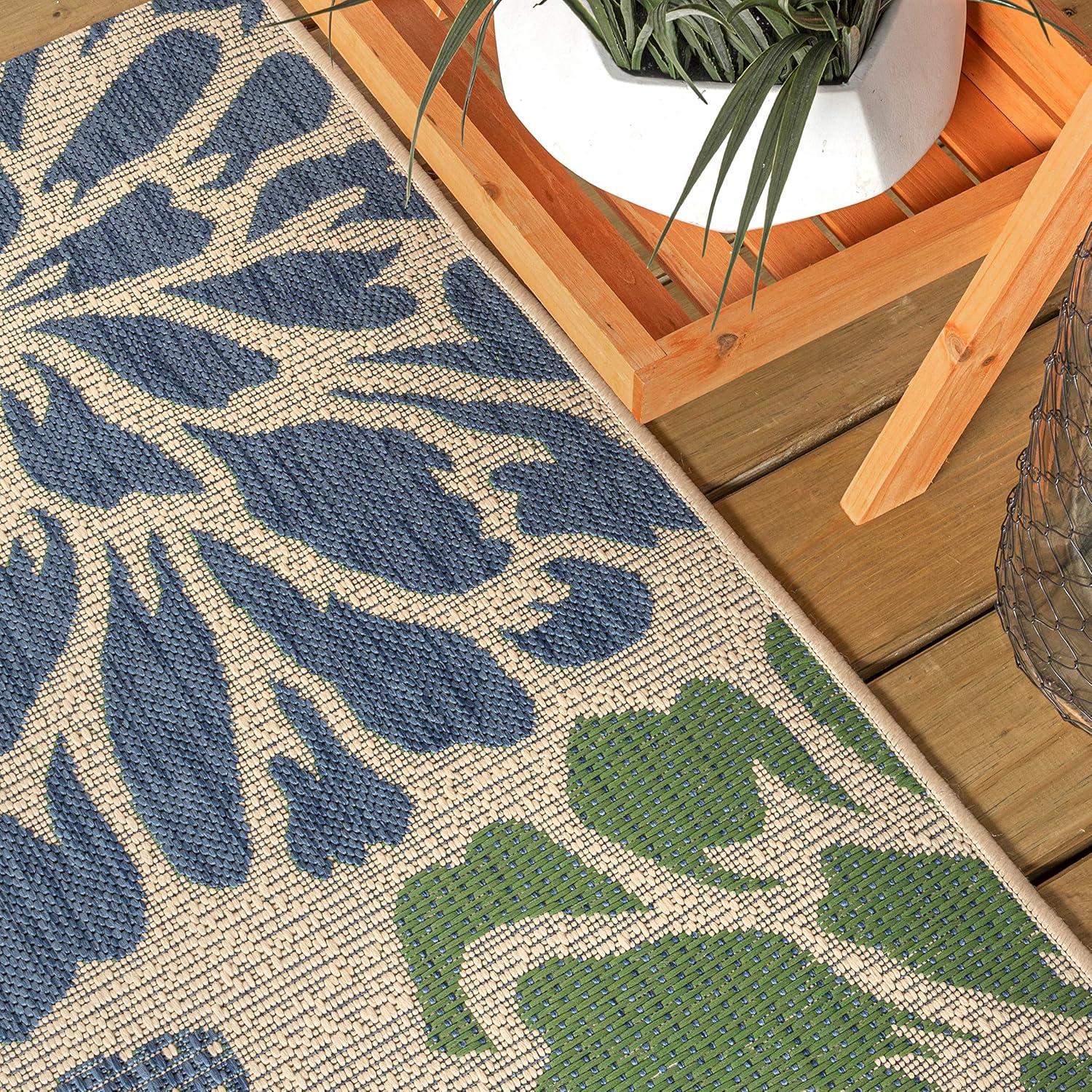 2'x8' Zinnia Modern Floral Textured Weave Indoor/Outdoor Runner Rug, Navy/Green - JONATHAN Y