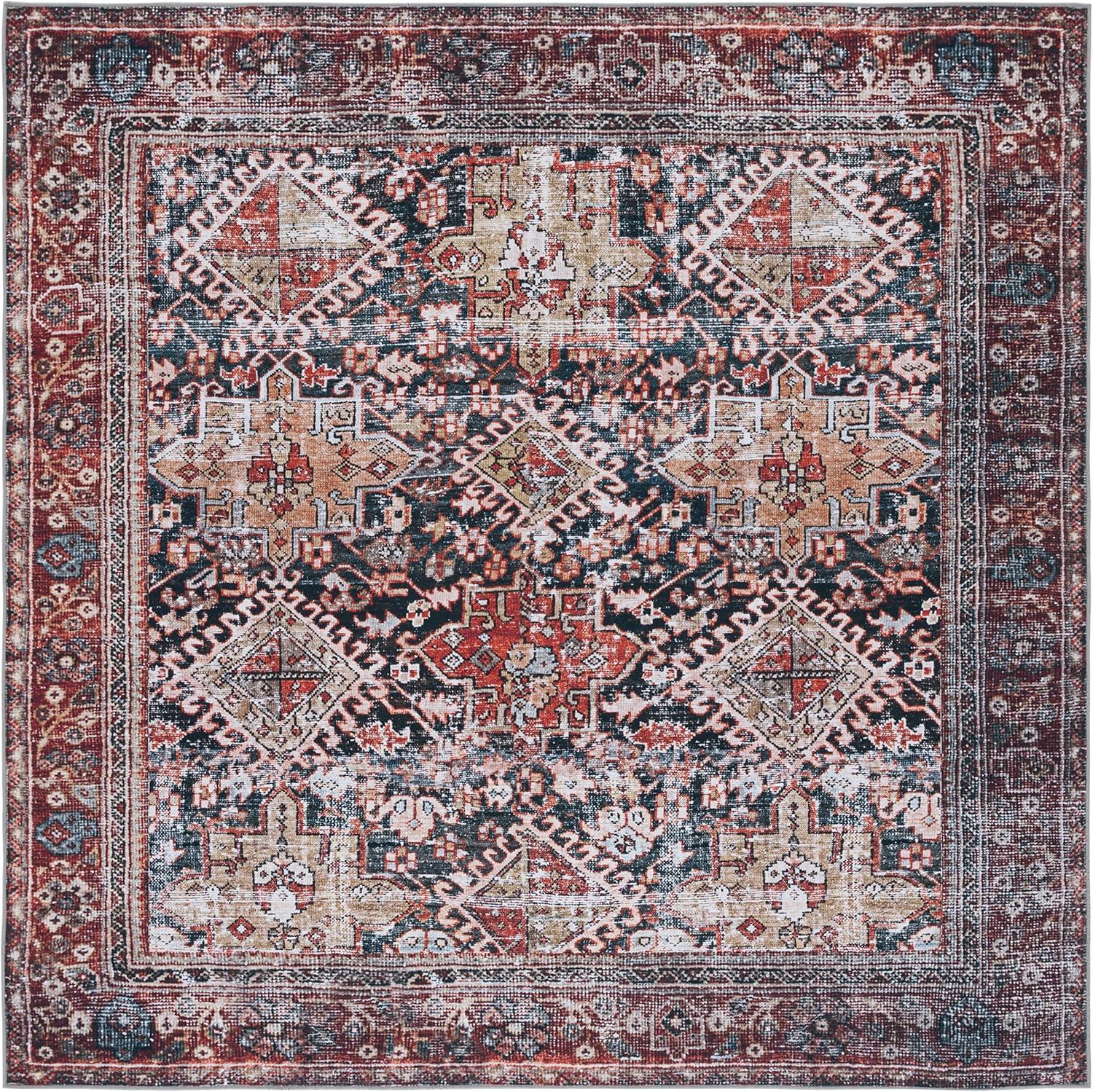 Navy and Rust Square Machine Washable Oriental Rug, 4' x 4'