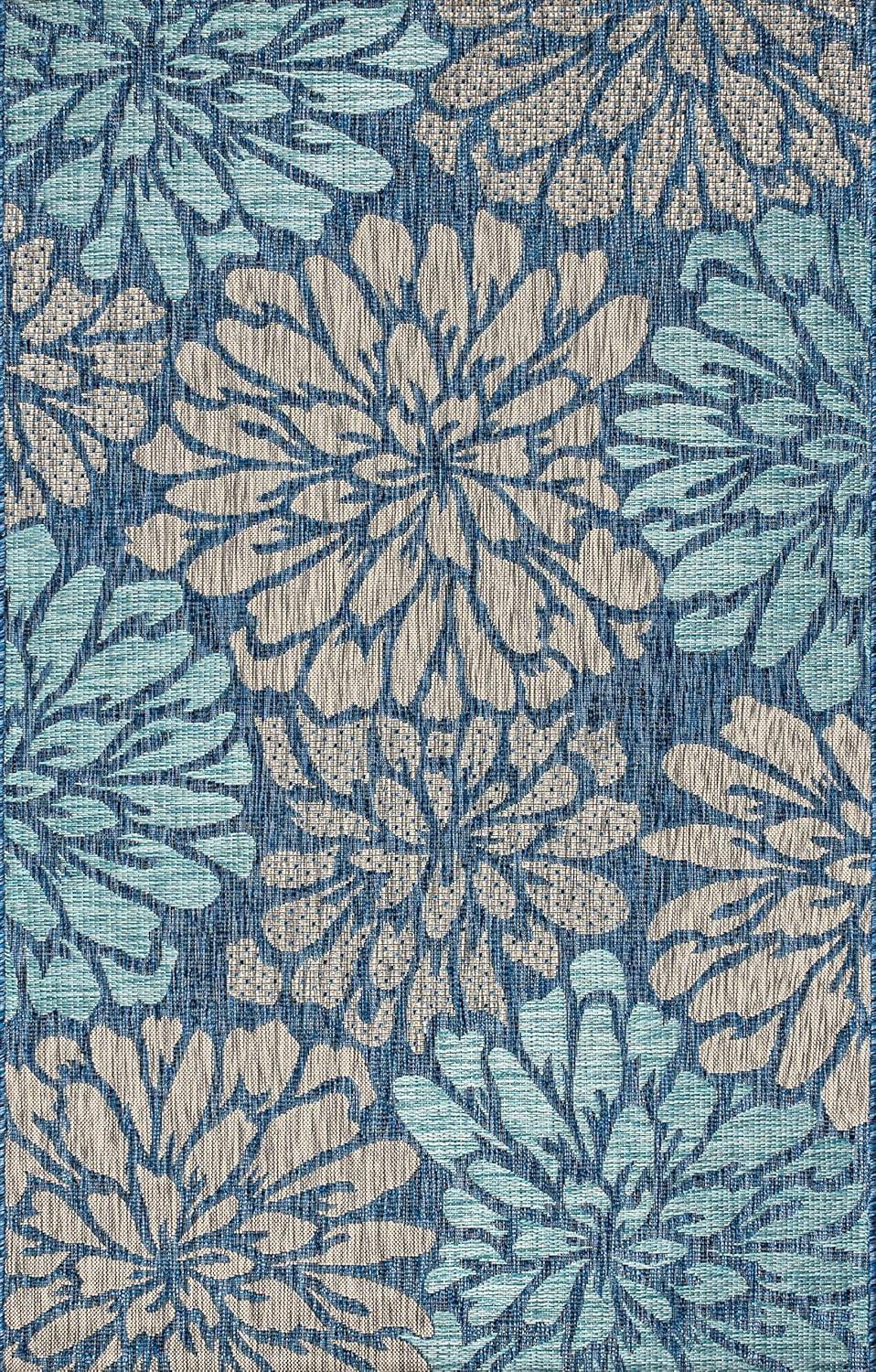 3'x5' Zinnia Modern Floral Textured Weave Indoor/Outdoor Area Rug, Navy/Aqua - JONATHAN Y