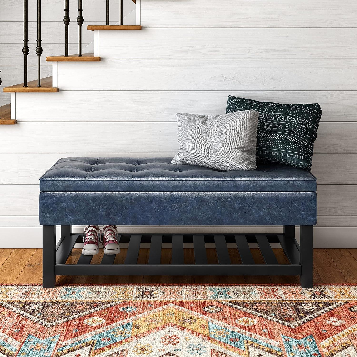 Simpli Home Cosmopolitan 44"W Transitional Tufted Storage Ottoman Bench with Lift Top