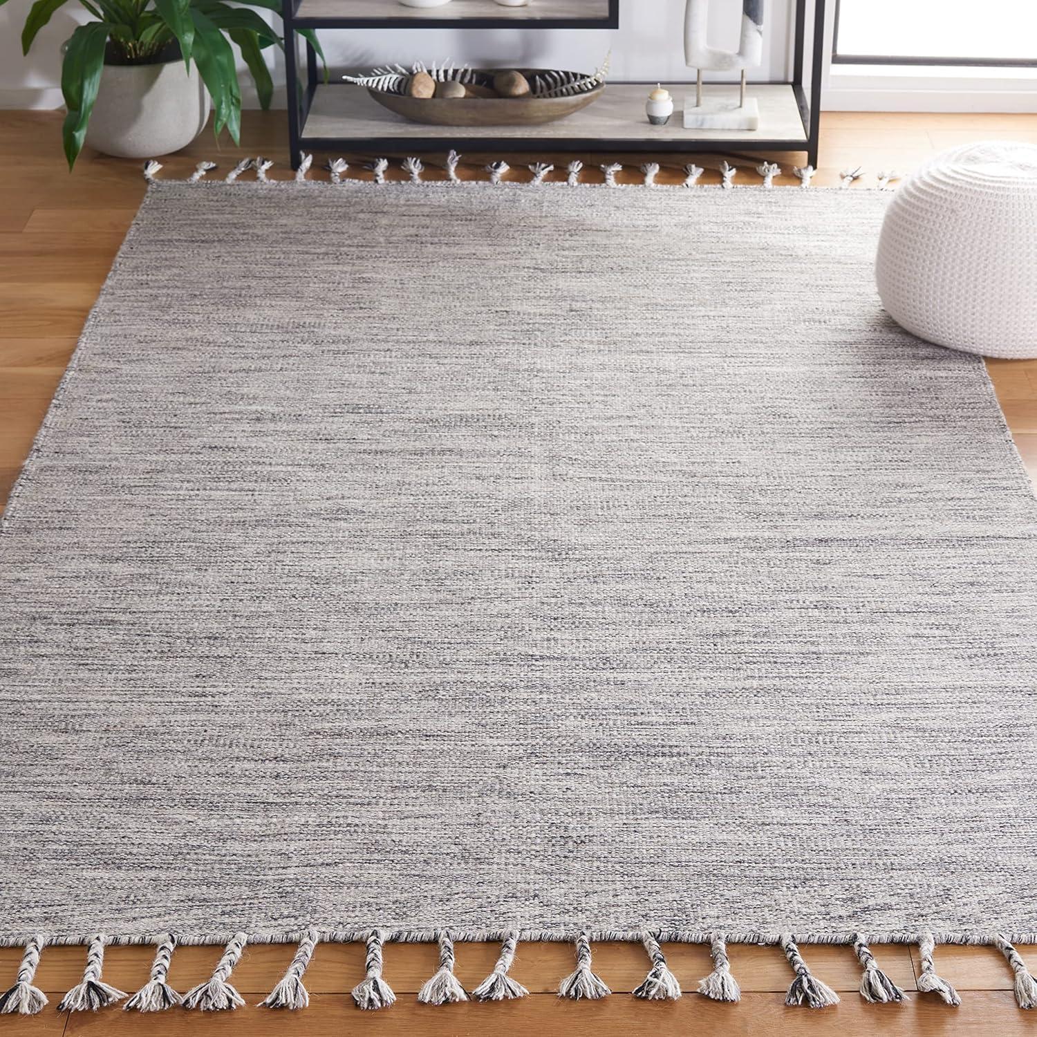 Dhurries DHU801 Hand Loomed Area Rug - Dark Grey/Beige - 5'x8' - Safavieh.