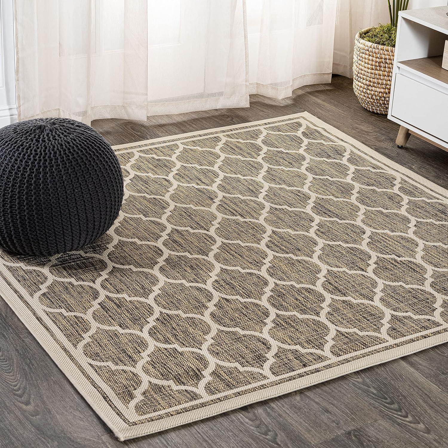 5' Square Trebol Moroccan Trellis Textured Weave Indoor/Outdoor Area Rug, Brown/Beige - JONATHAN Y