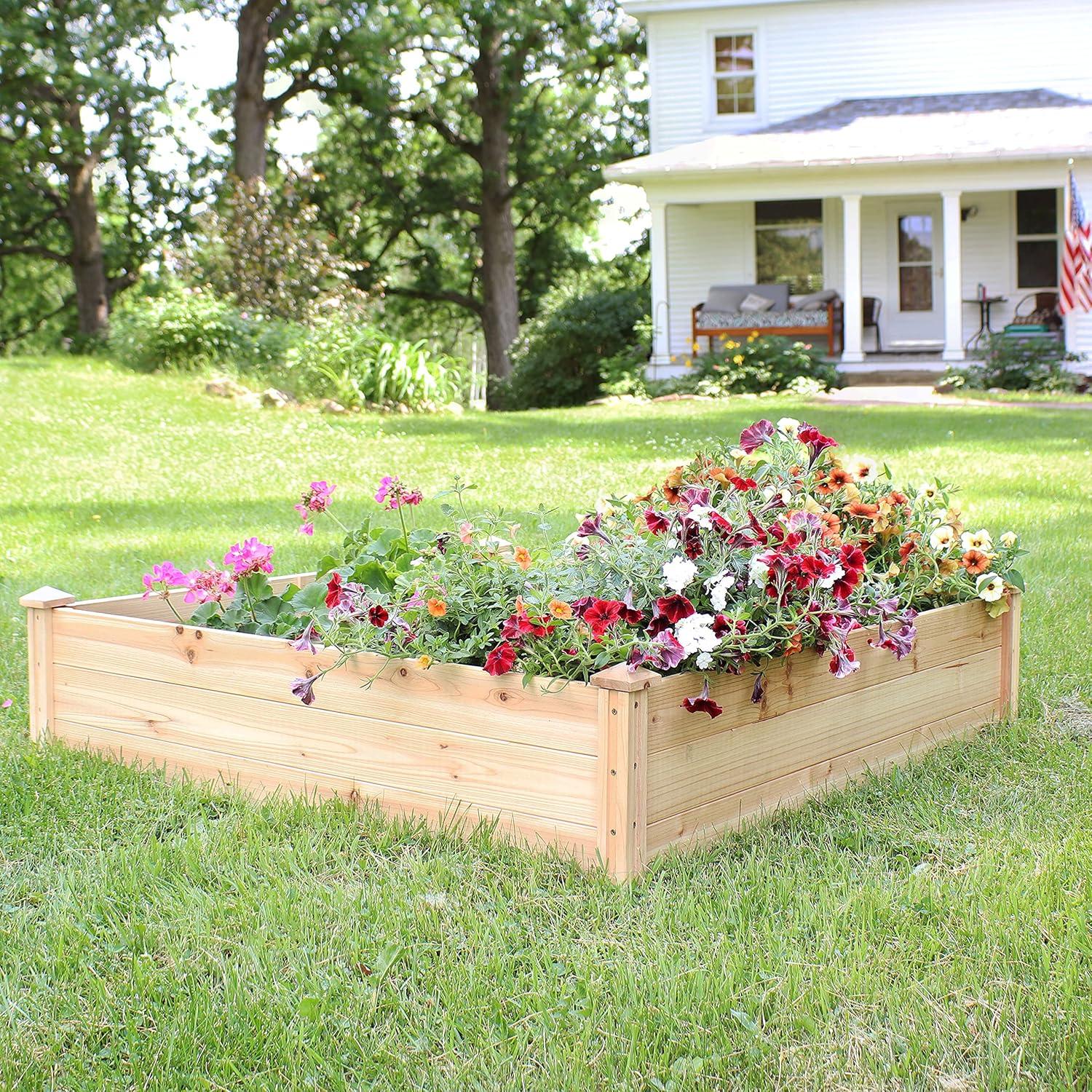 Sunnydaze Outdoor Square Wood Raised Garden Bed for Flower, Vegetable, and Herb Gardening - 48" Square - Brown