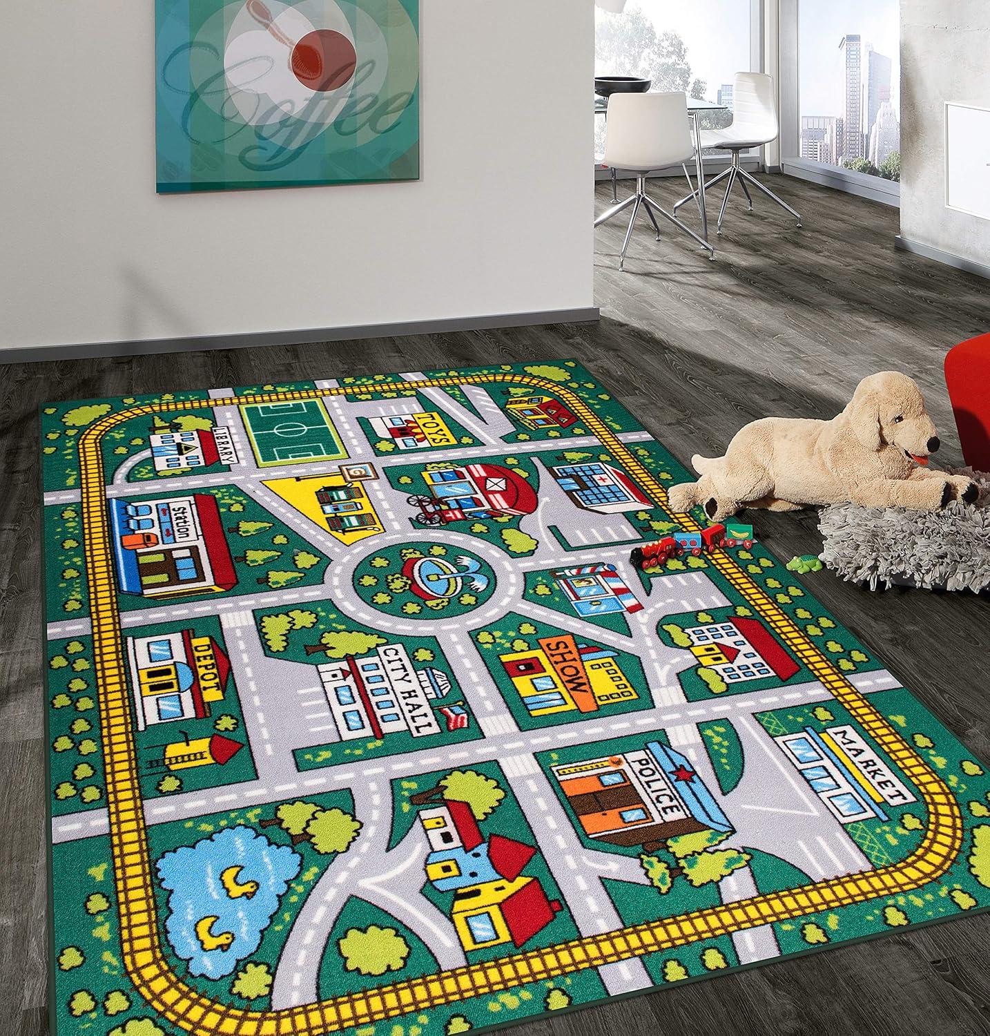 World Rug Gallery Kids Educational Learning City Life Road Non Slip Area Rug - Green 5' x 7'