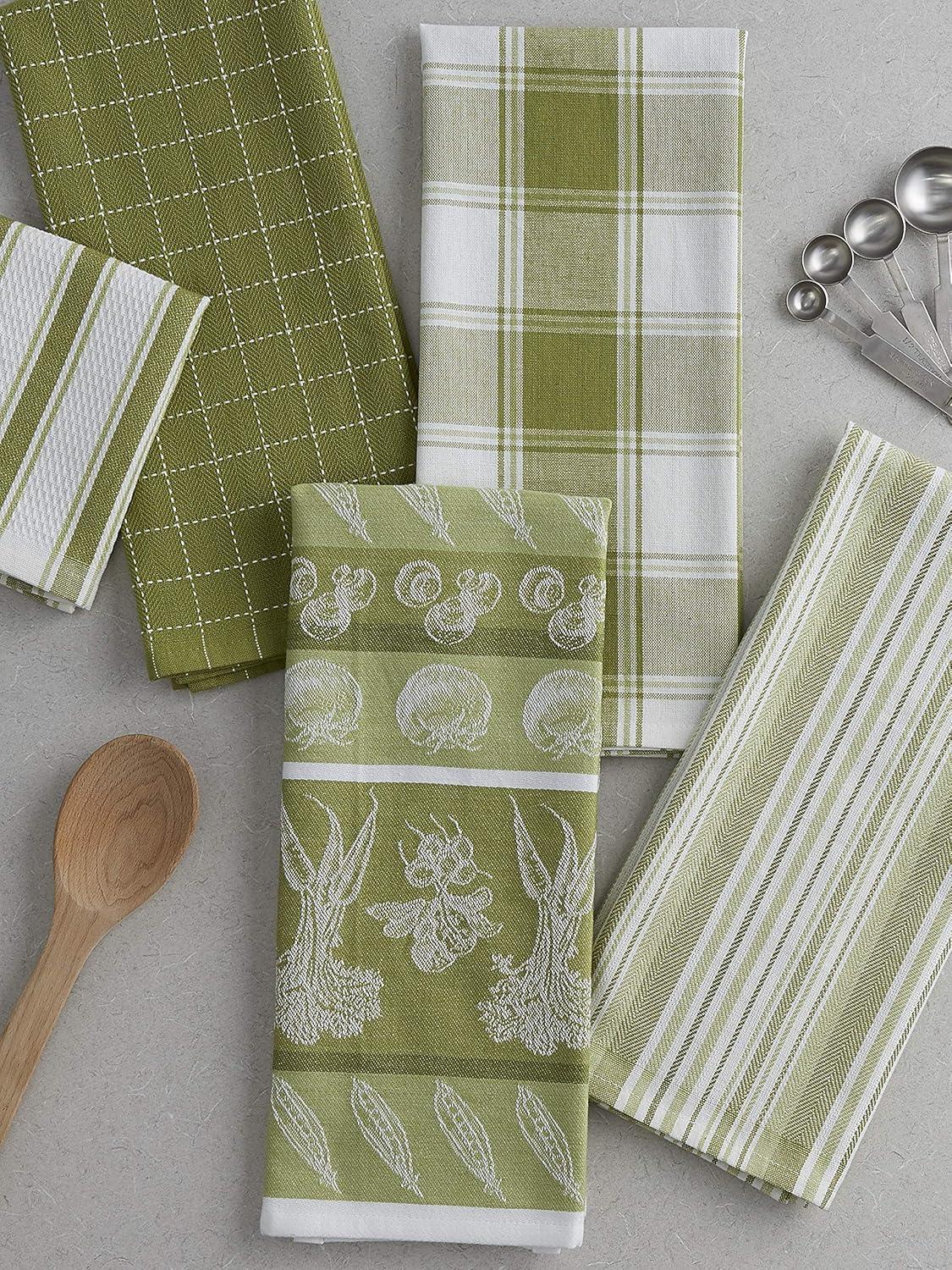 Contemporary Home Living Vegetables and Jacquard Kitchen Dishtowels - 28" - Green and White - Set of