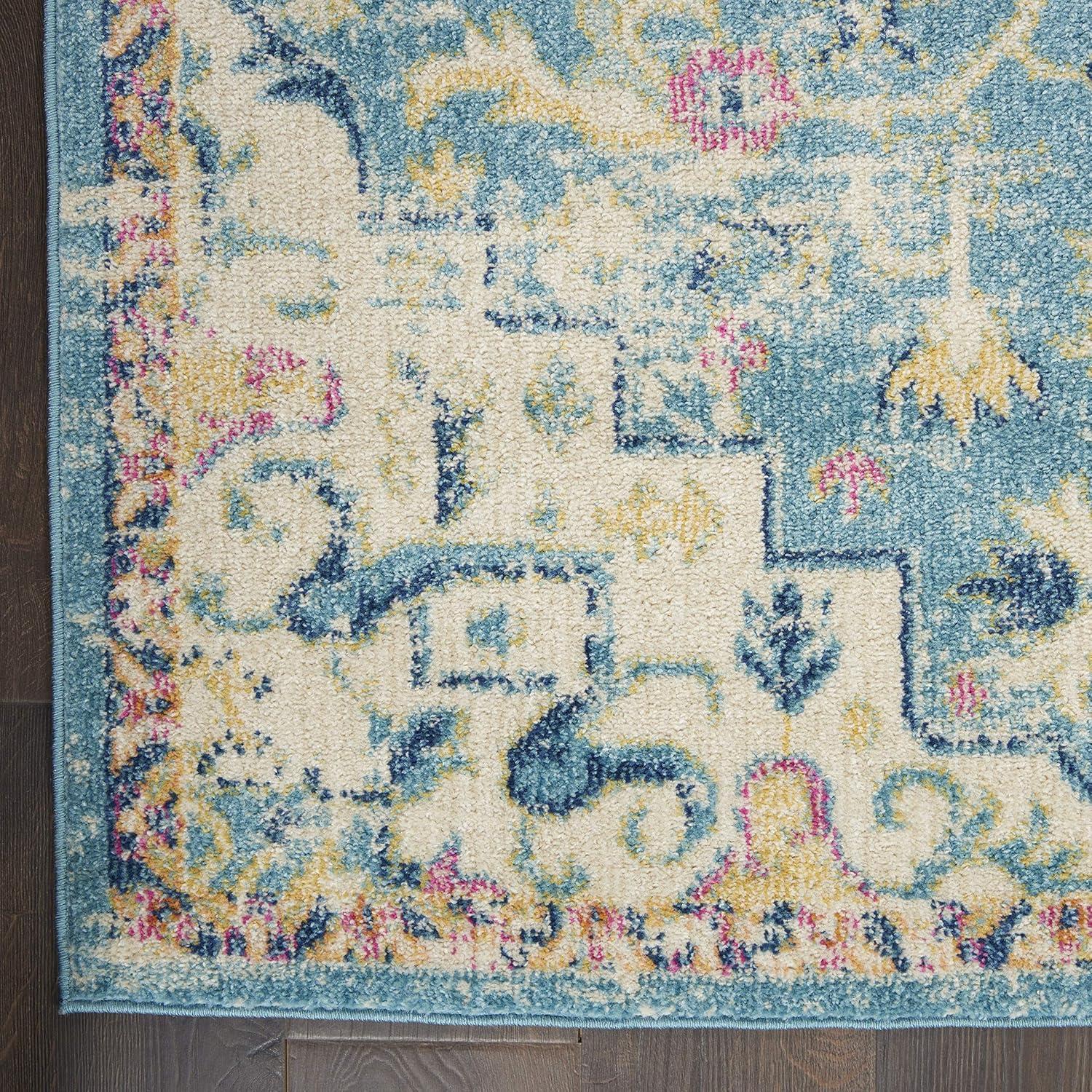 Ivory and Turquoise Floral Power-Loomed 6'7" x 9'6" Area Rug