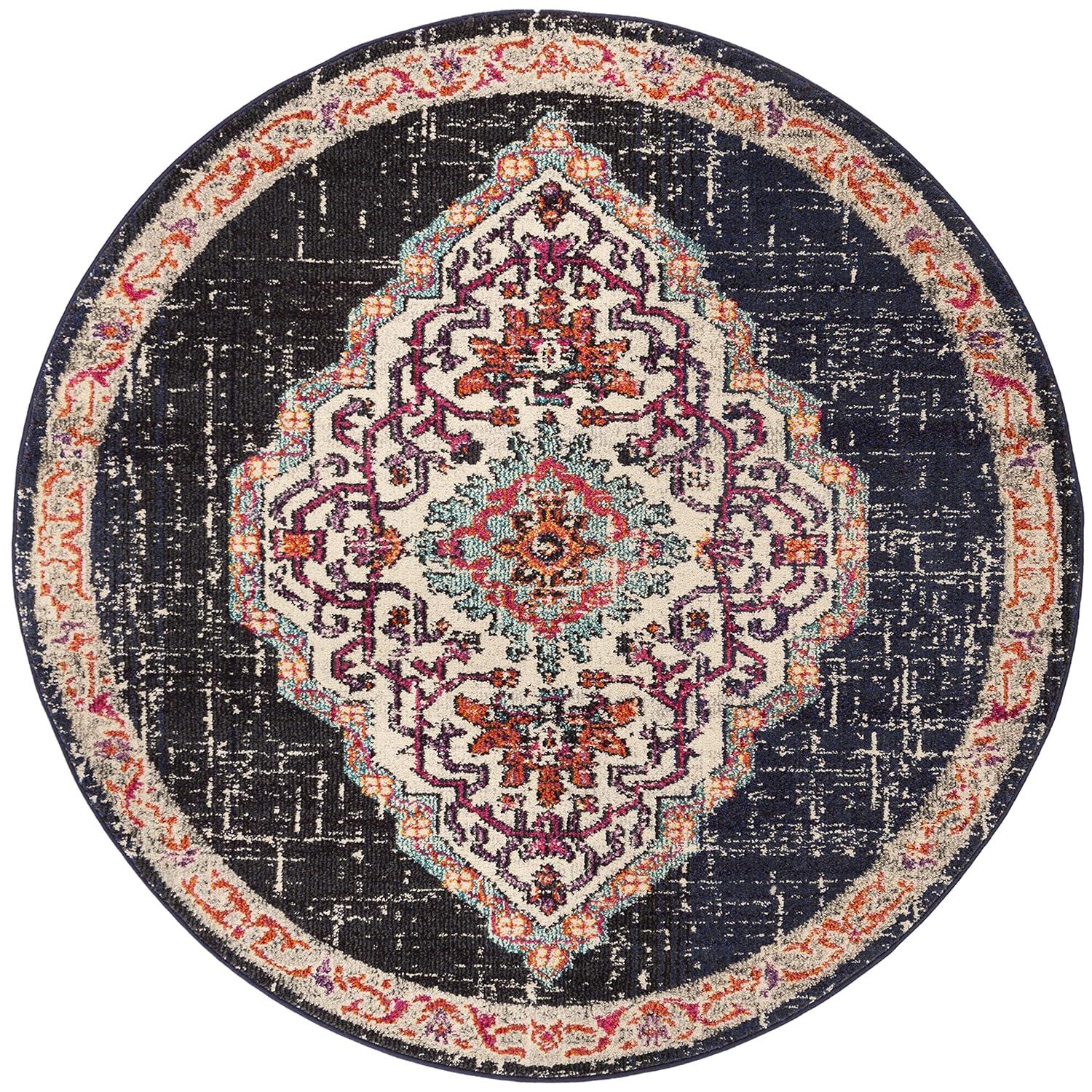 Monaco MNC254 Power Loomed Indoor Area Rug - Black/Blue - 5' Round - Safavieh.