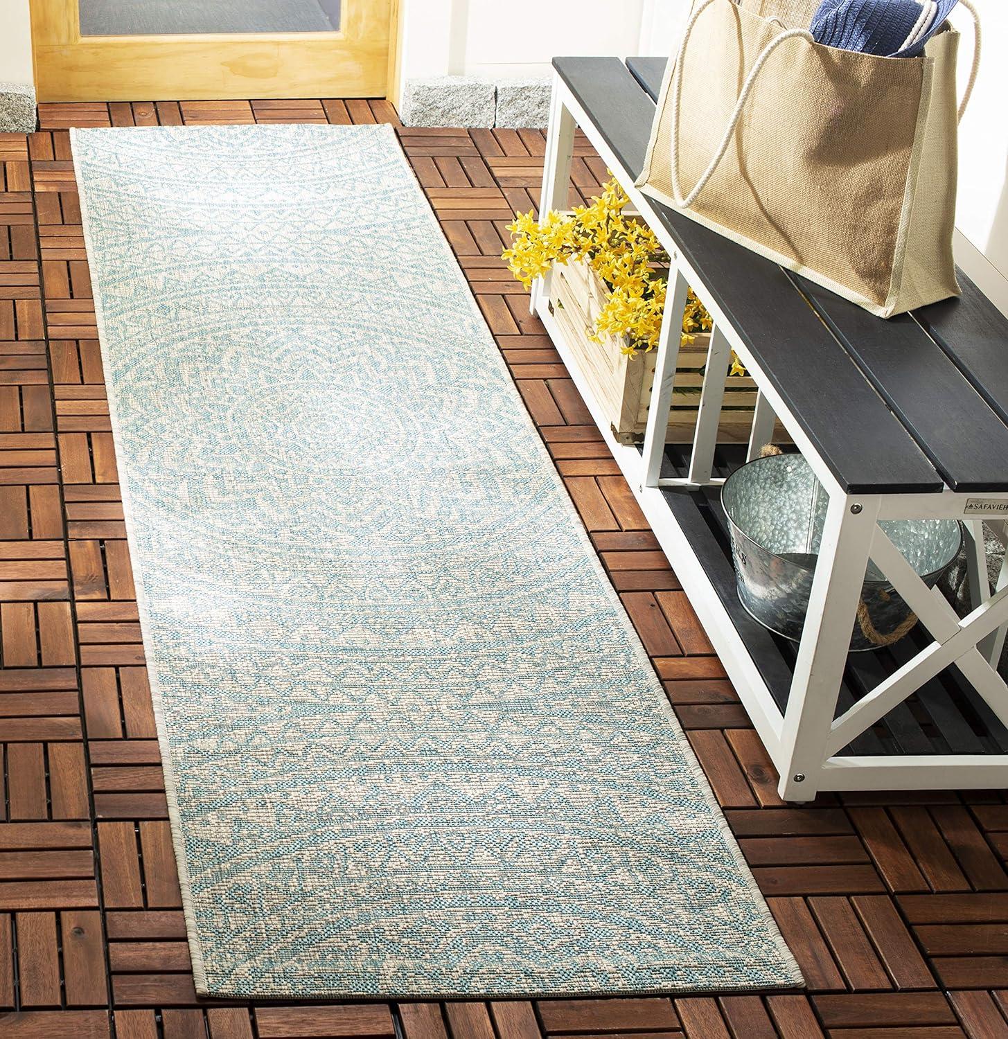 Light Grey/Aqua Synthetic Flat Woven Reversible Outdoor Runner Rug - 2'3" x 8'