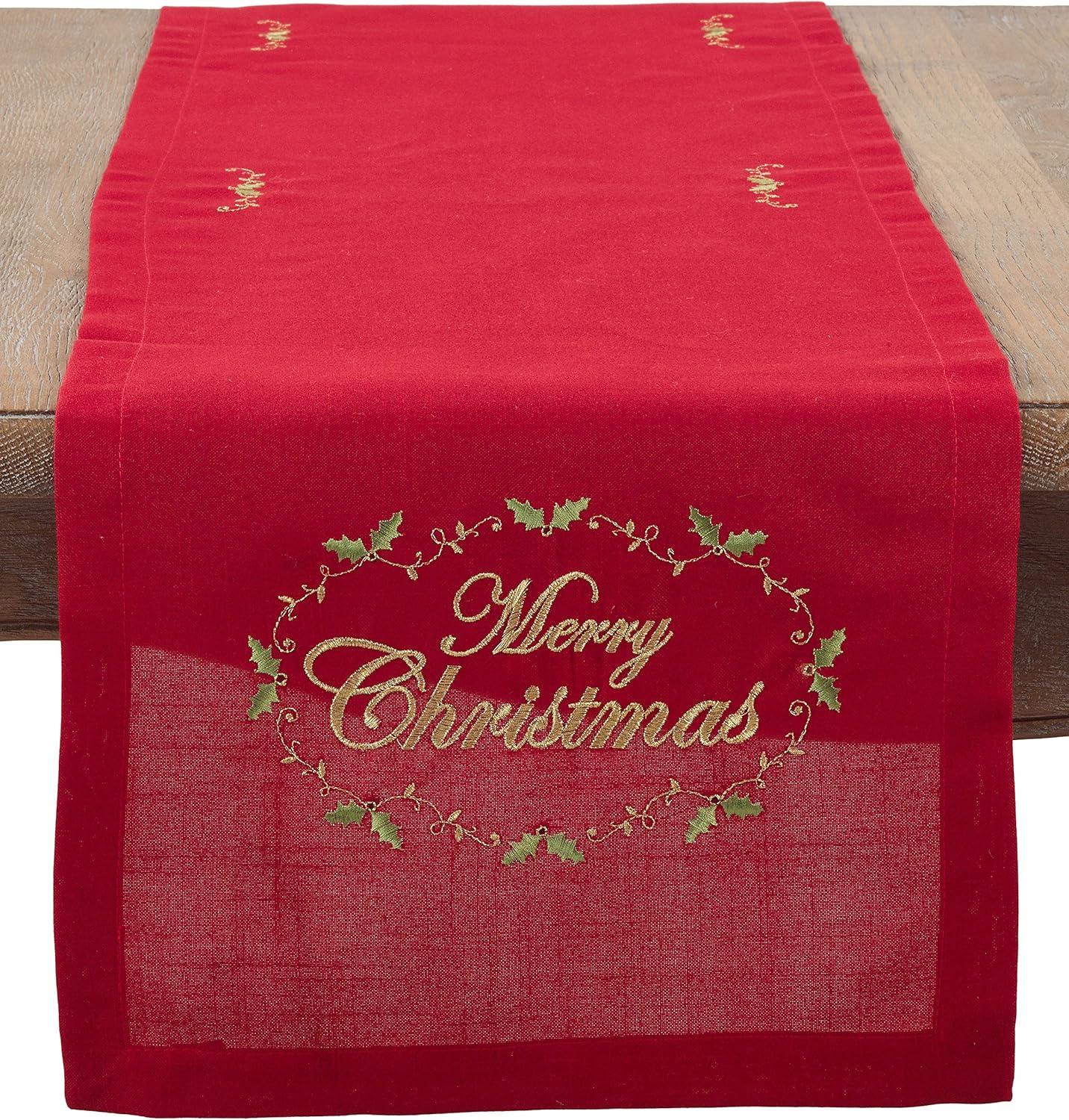 Red Polyester Merry Christmas Embroidered Table Runner