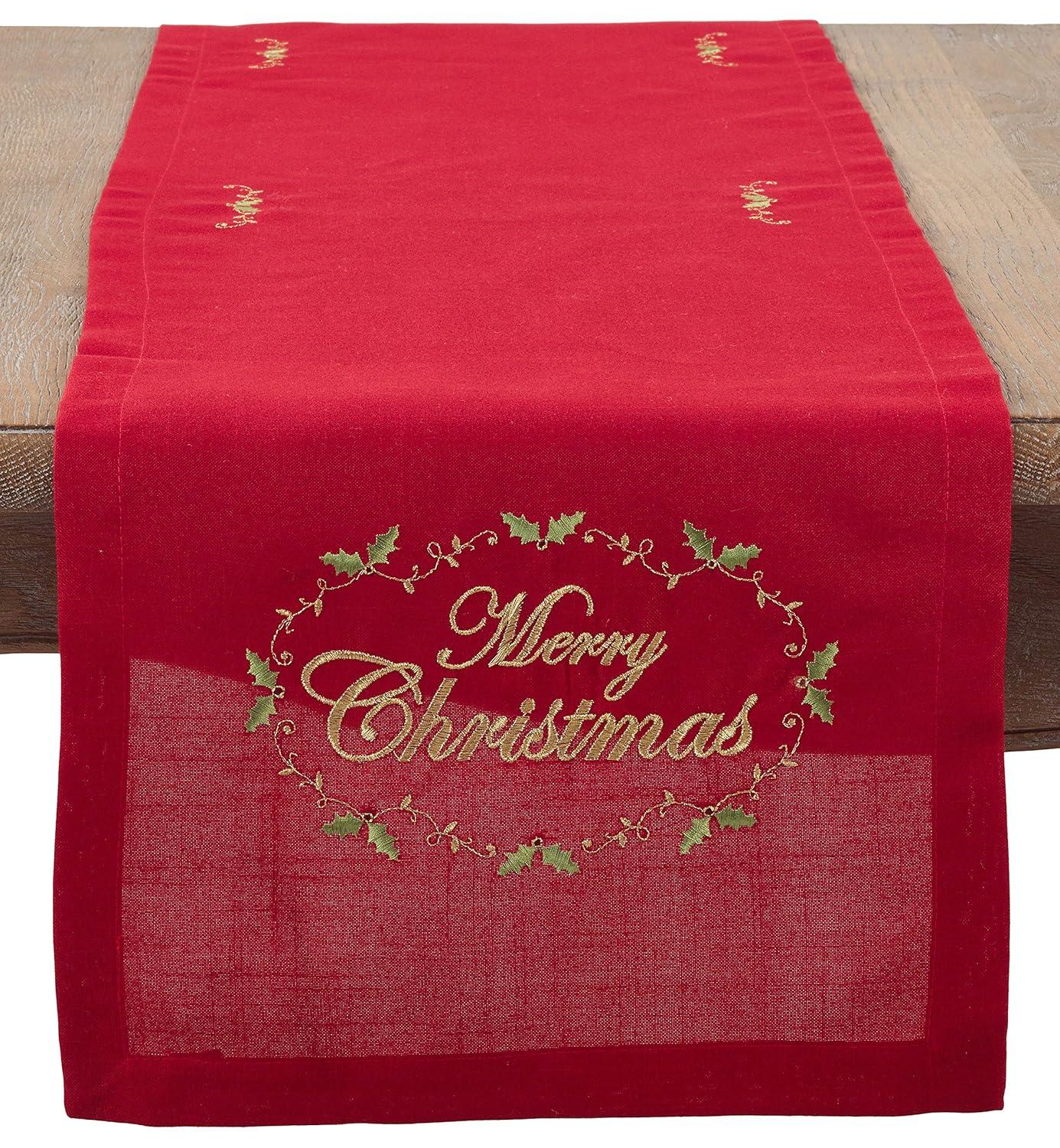 Saro Lifestyle Merry Christmas Embroidered Design Table Runner, 14"x90", Red