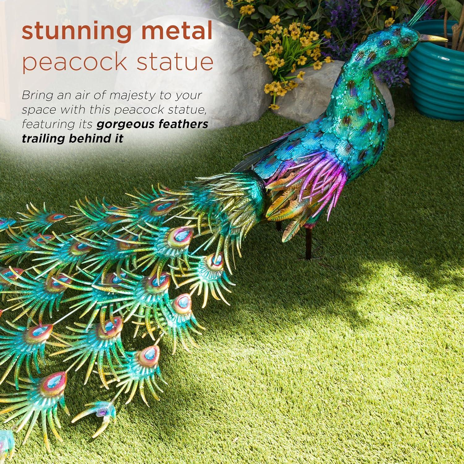Alpine Corporation Jumbo Size Blue Majestic Tail Down Peacock Décor: 53"L Iron Garden Statue
