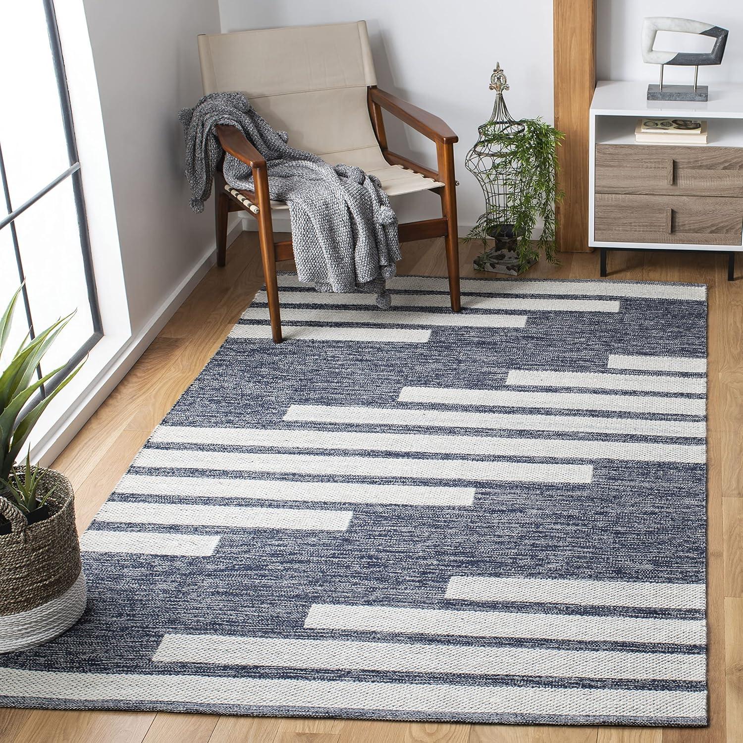 Striped Kilim STK514 Hand Woven Area Rug - Navy/Ivory - 3'x3' - Safavieh.
