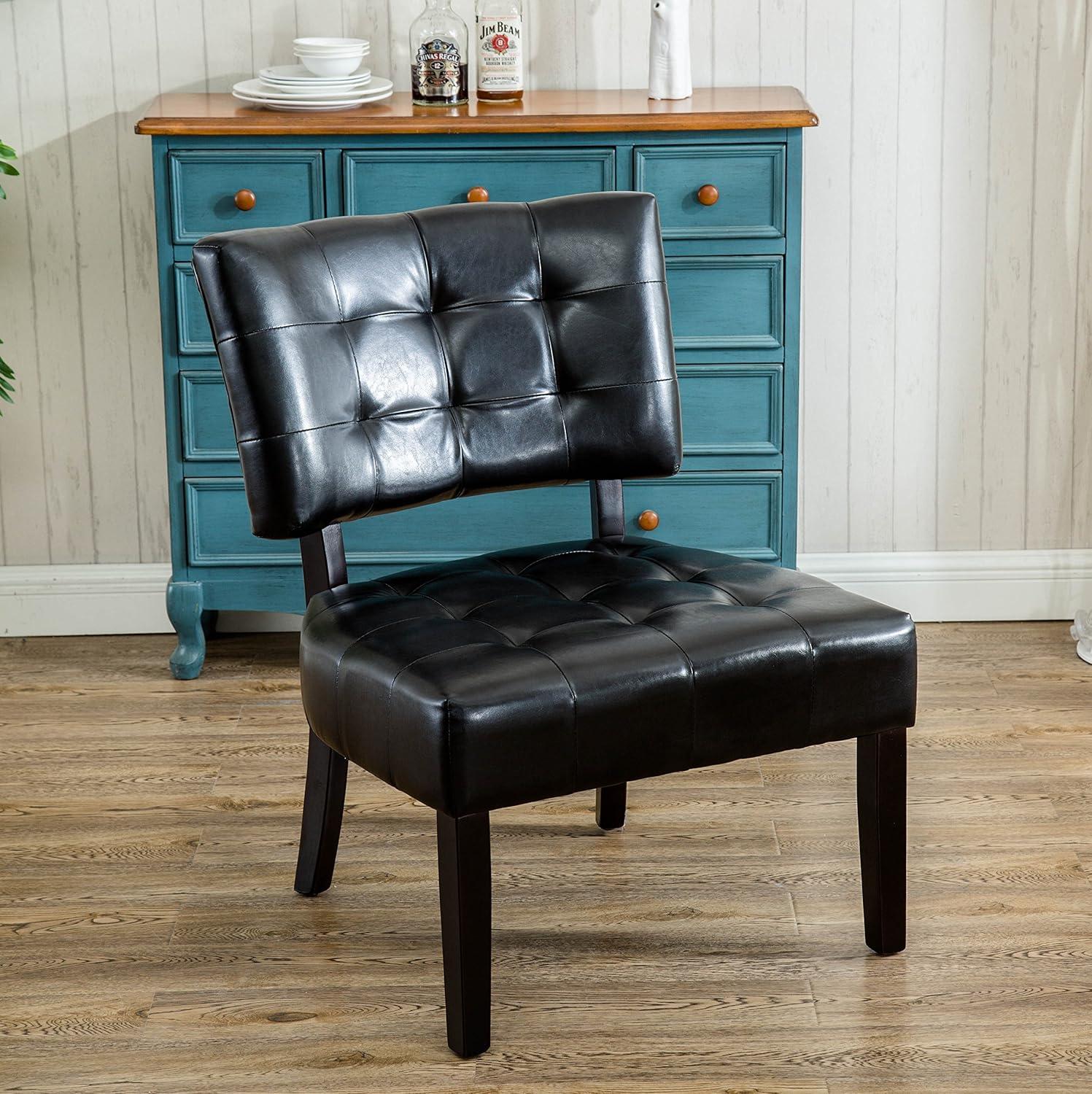 Luxurious Black Faux Leather Tufted Slipper Chair with Wood Legs