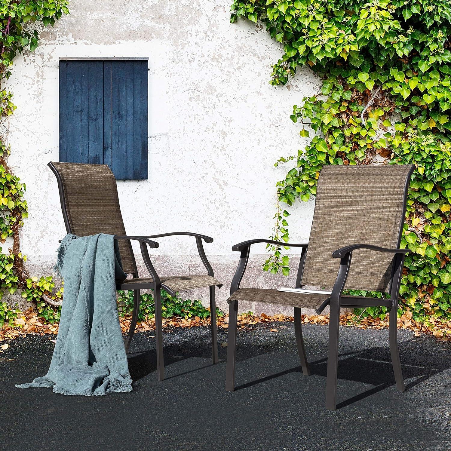 Black and Brown Steel Frame Outdoor Dining Chairs with Armrests