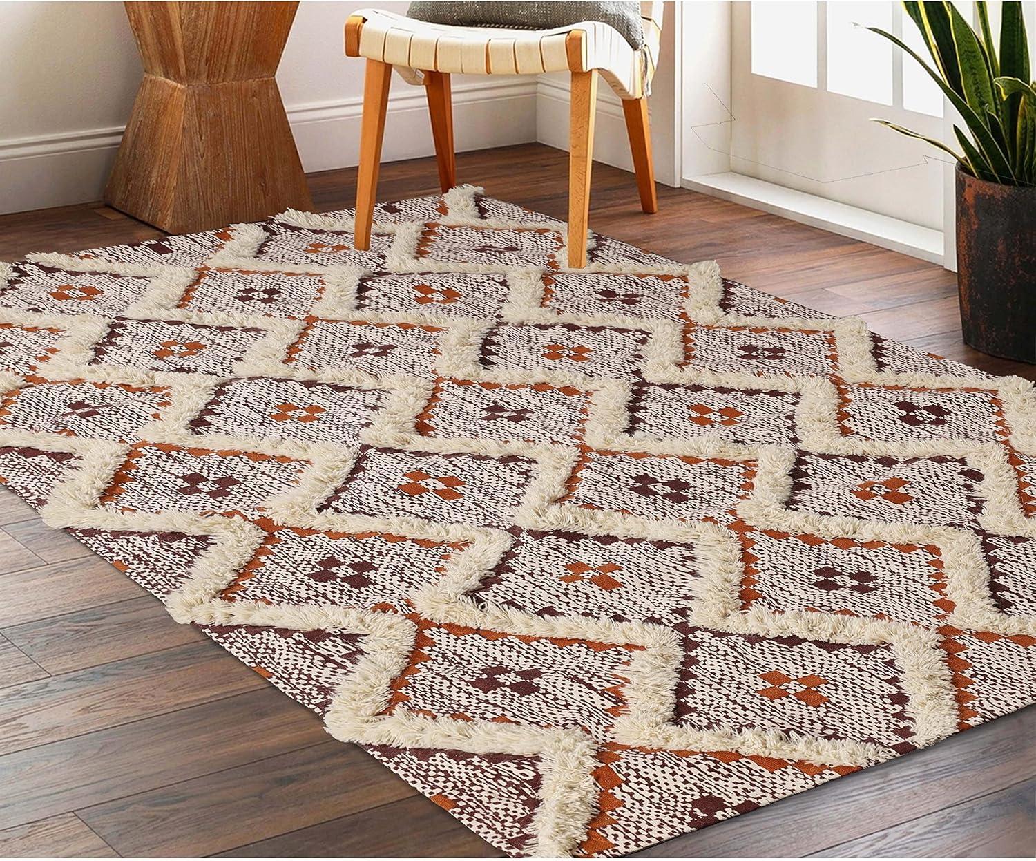 Handmade Apricot and Brick Red Geometric Wool Area Rug 6' x 9'