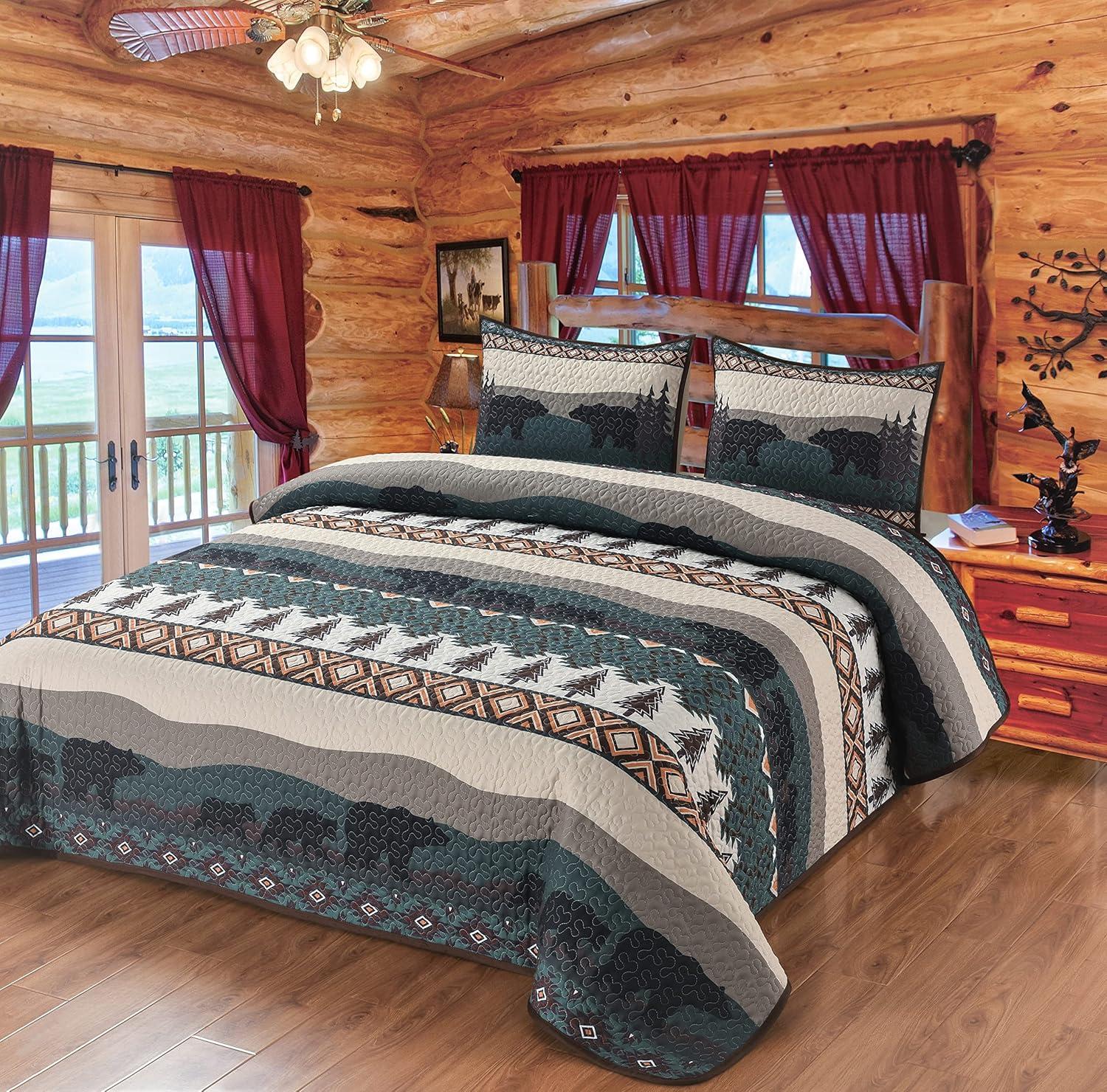 Bear Denali Mountain Forest Queen Quilt Set with Pillow Shams