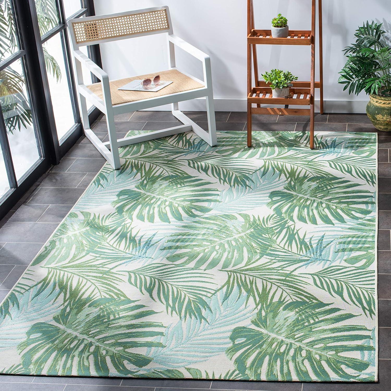 Barbados Green and Teal Tropical Botanical Square Indoor/Outdoor Rug