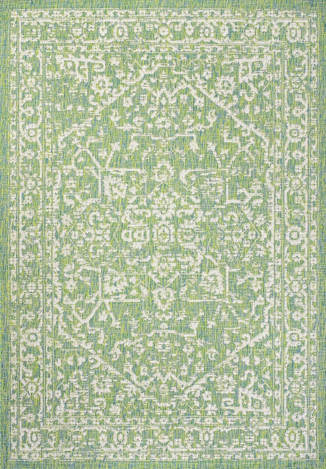 4' x 6' Malta Bohemian Medallion Textured Weave Indoor/Outdoor Area Rug, Cream/Green - JONATHAN Y