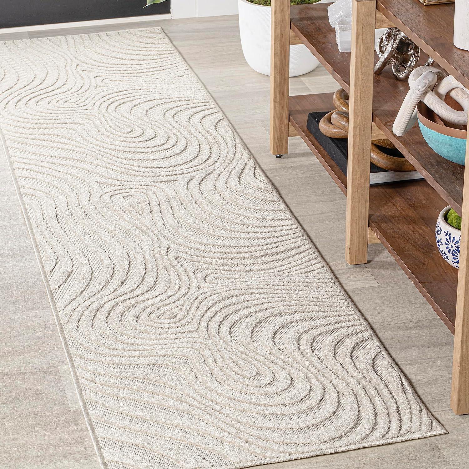 JONATHAN Y Maribo High-Low Abstract Groovy Striped Cream/Ivory 2 ft. x 8 ft. Indoor/Outdoor Runner Rug