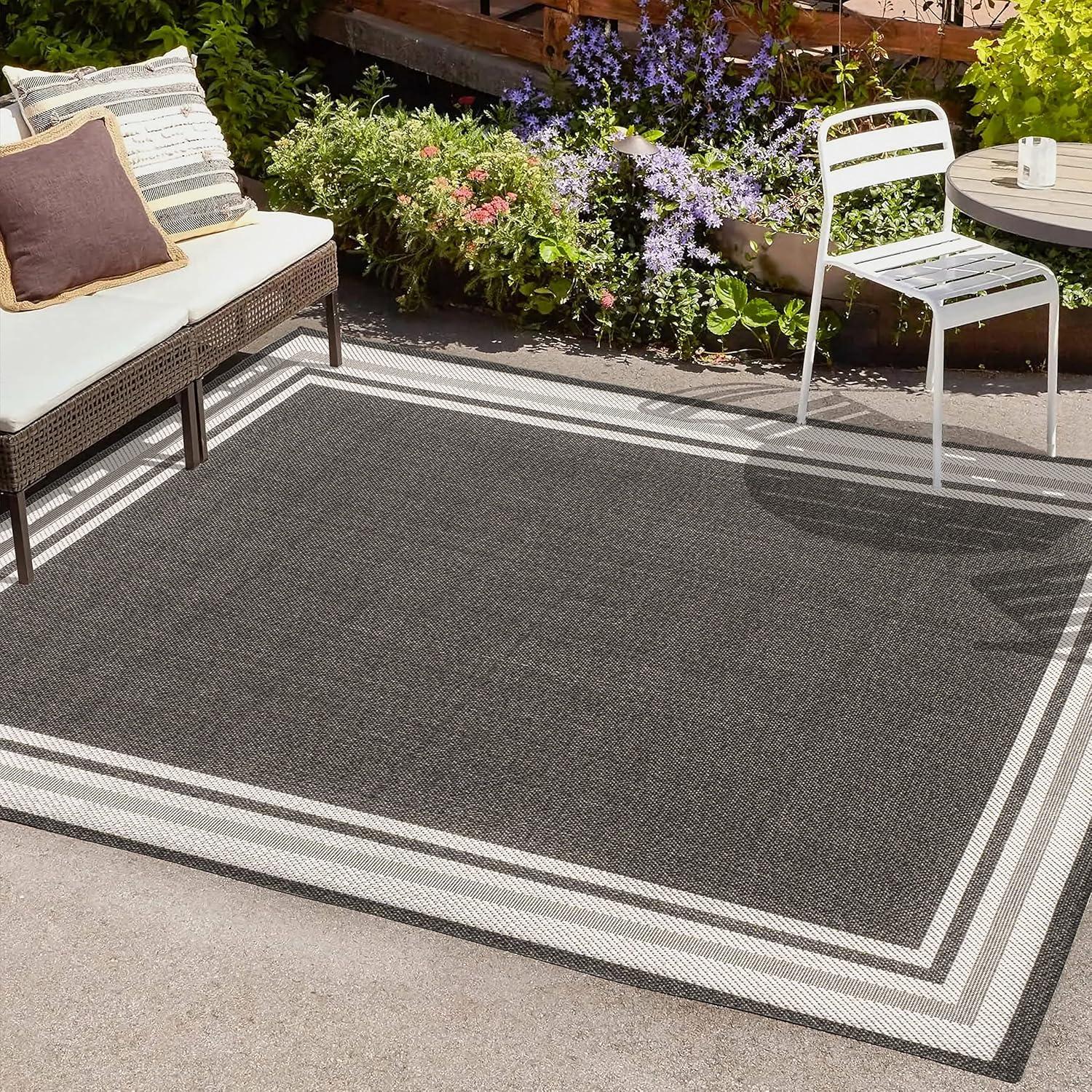 5' x 8' James Modern Border Stripe Indoor/Outdoor Area Rug, Black/Cream - JONATHAN Y
