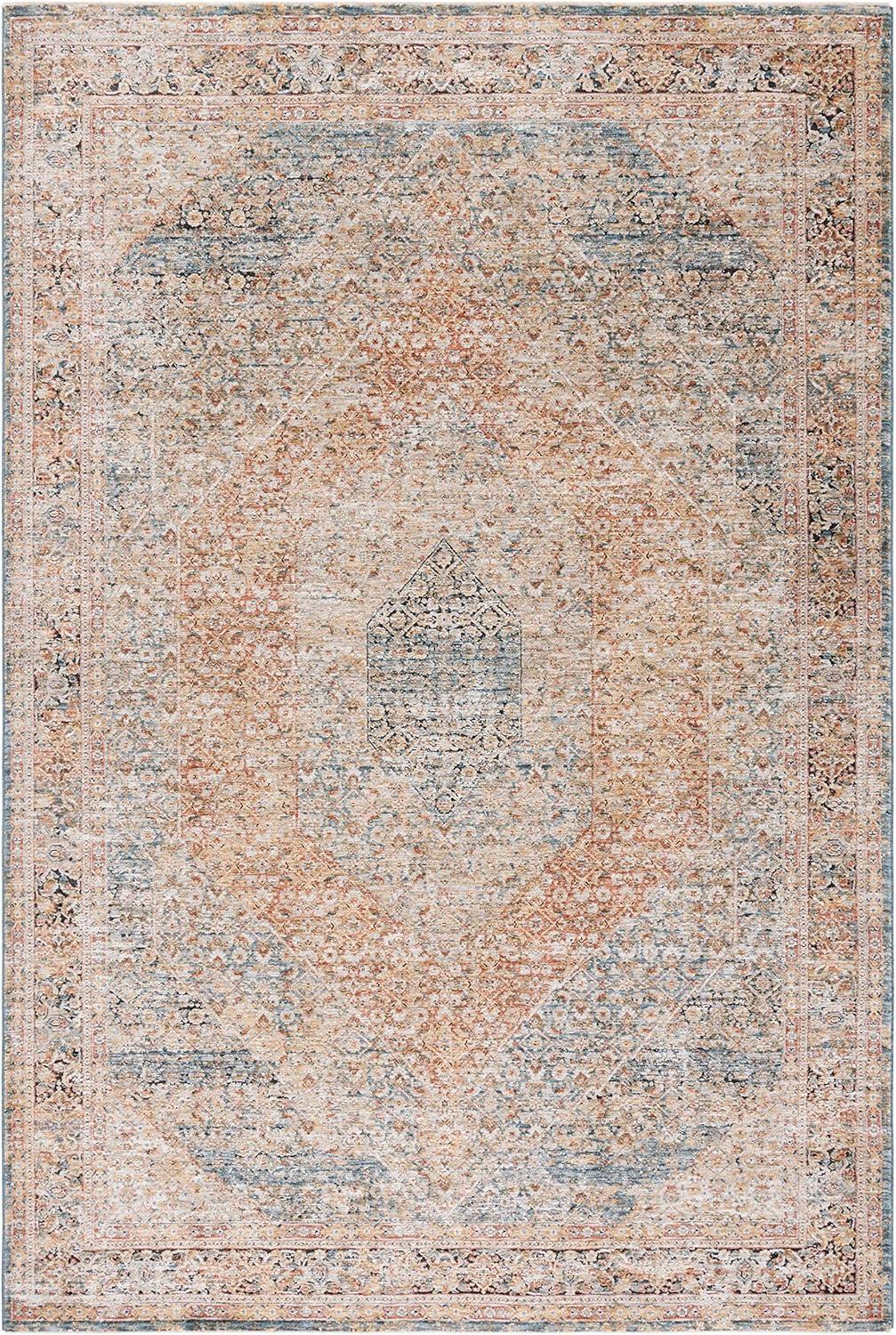 Blue and Rust Synthetic 9' x 12' Vintage Area Rug