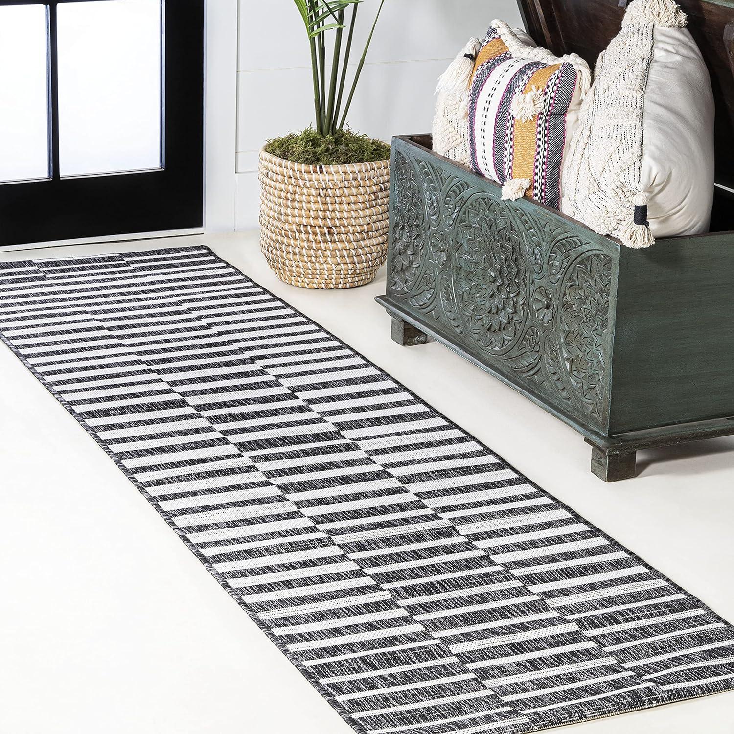 2'x8' Sukie Modern Offset Stripe Indoor/Outdoor Runner Rug, Black/Ivory - JONATHAN Y