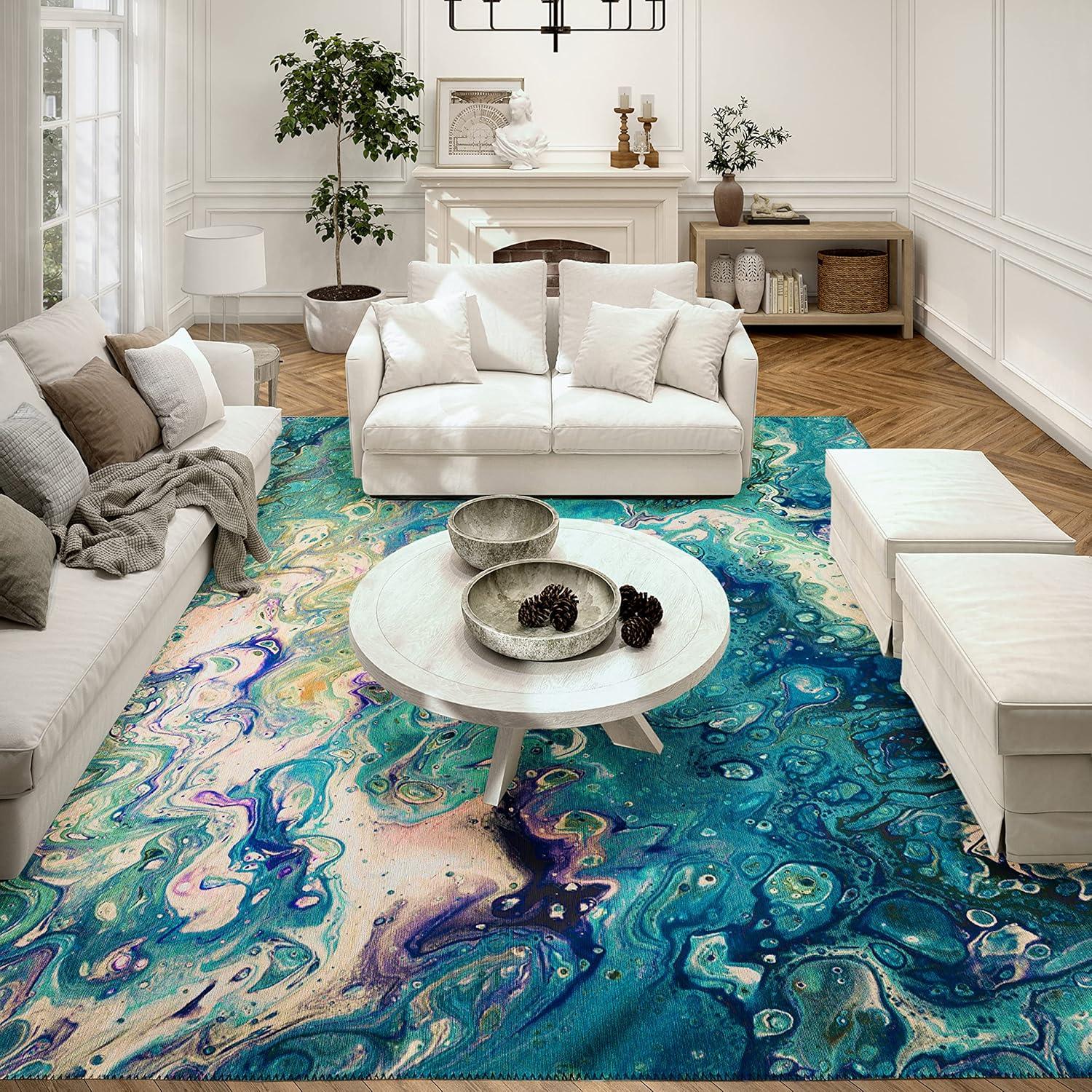 Blue Abstract Chenille 8' x 10' Washable Area Rug