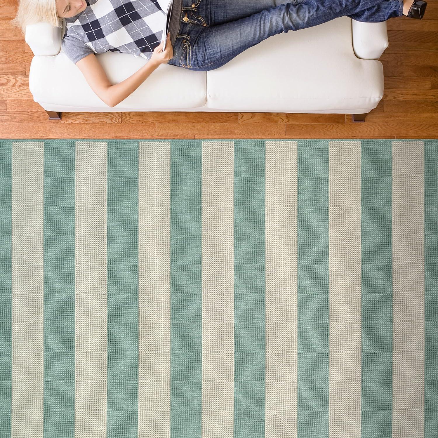 Couristan Afuera Yacht Club 5'3" x 7'6" Sea Mist Green and Ivory Stripe Outdoor Rectangle Rug