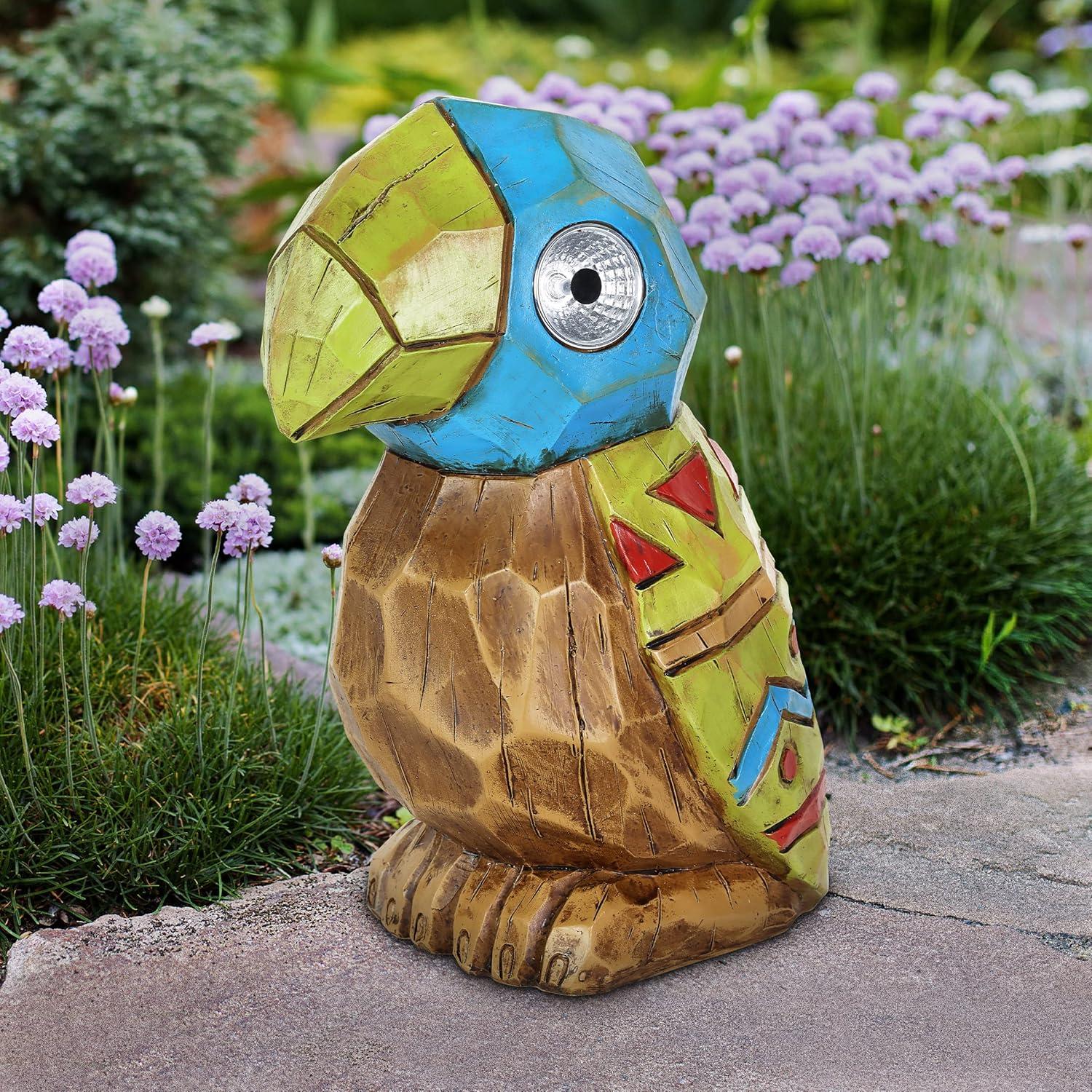 Solar Tiki Parrot Garden Statue with LED Eyes, 10 Inches