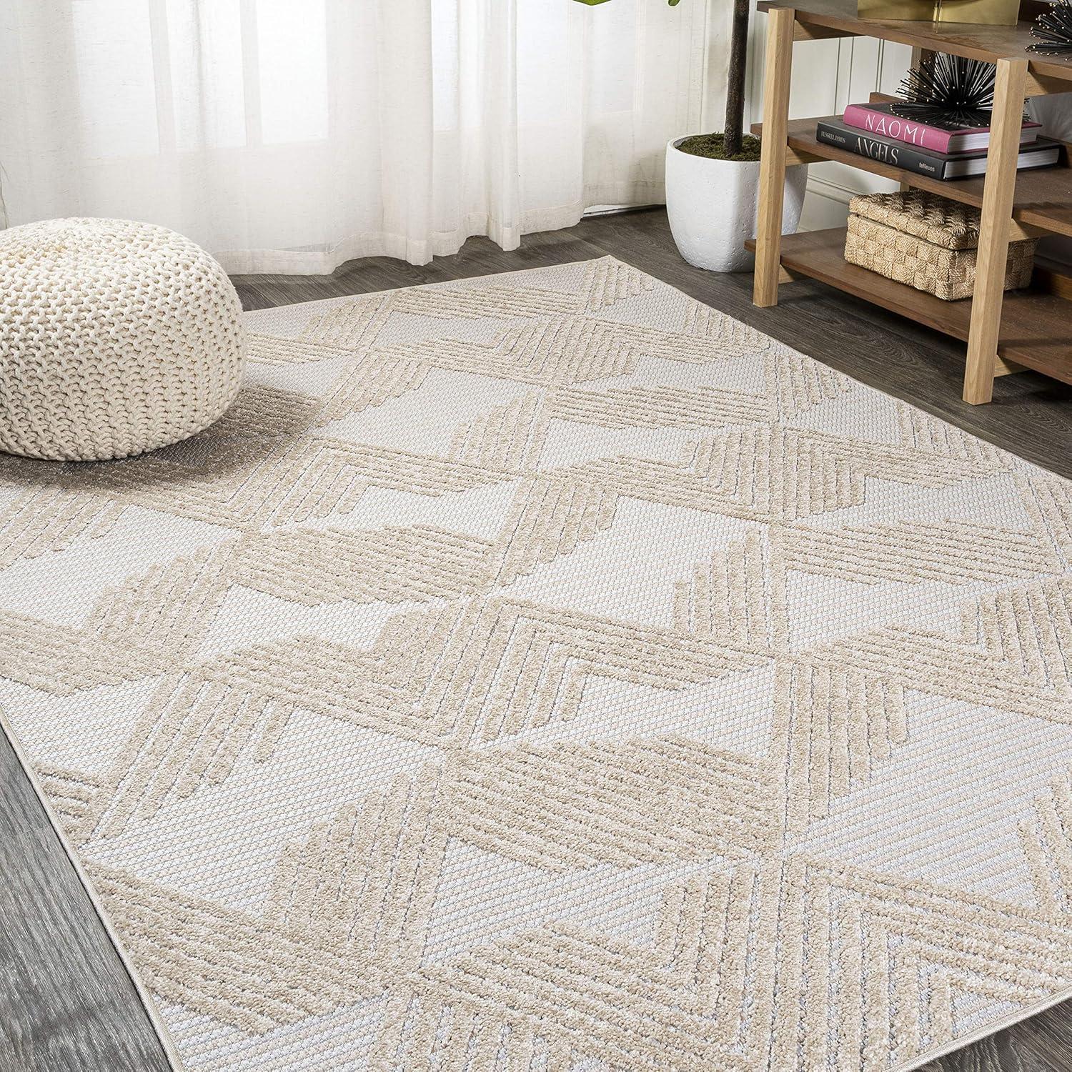 8'x10' Jazz High-Low Pile Art Deco Geometric Indoor/Outdoor Area Rug, Beige - JONATHAN Y